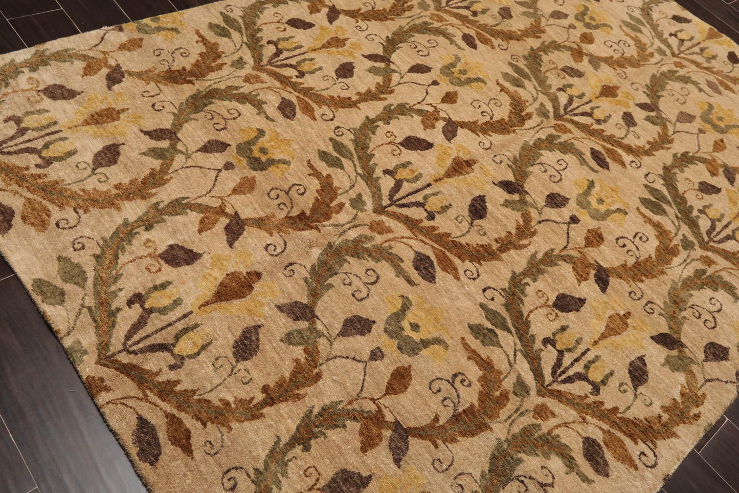 5'11" x 8'10" Hand Knotted Botanical New Zealand Wool Oriental Area Rug Tan-3
