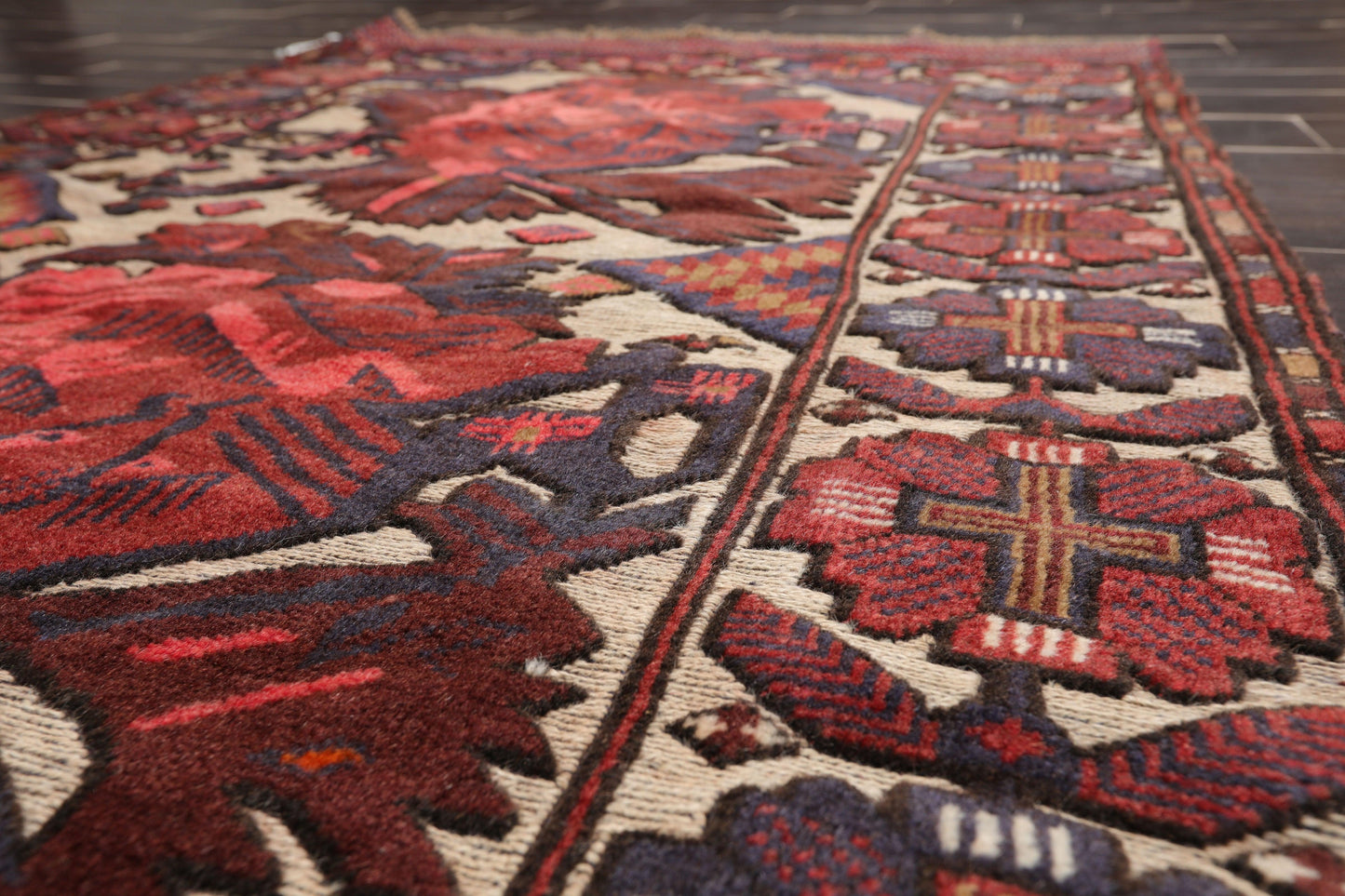 4'2" x 6'4" Antique Hand Knotted Wool High low Pile Oriental Area Rug Beige-4