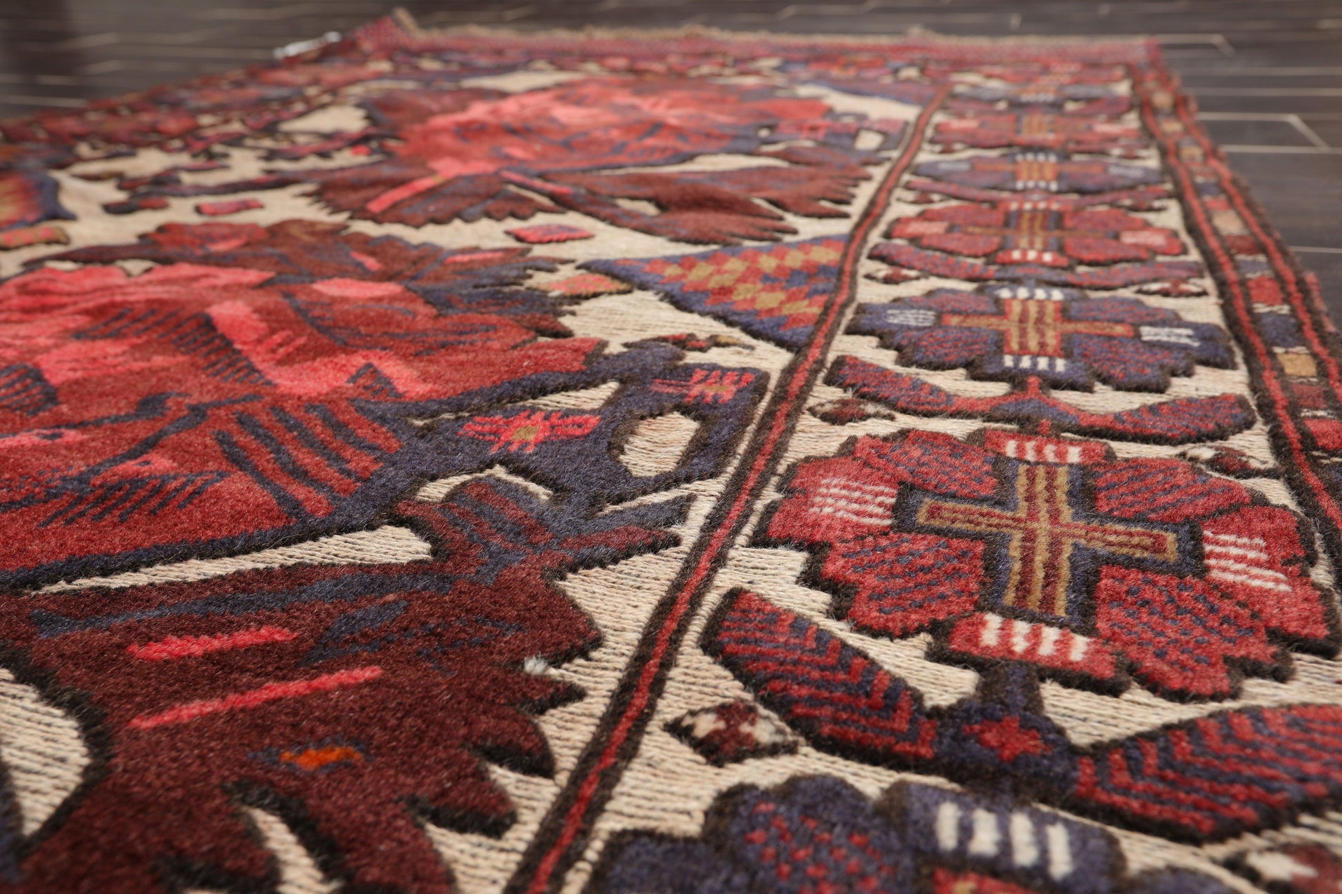 4'2" x 6'4" Antique Hand Knotted Wool High low Pile Oriental Area Rug Beige-4