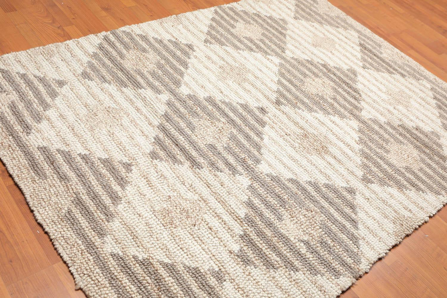 5'4" x 7'6" Handmade Geometric print Wool Loop Pile Area Rug Contemporary Beige-1