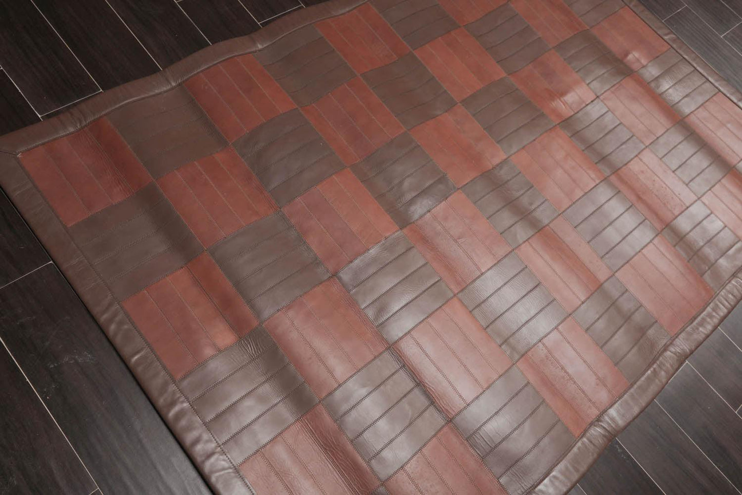 4'4"x6'3" Designer Handmade Leather Modern Flatweave Area Rug Brown-1