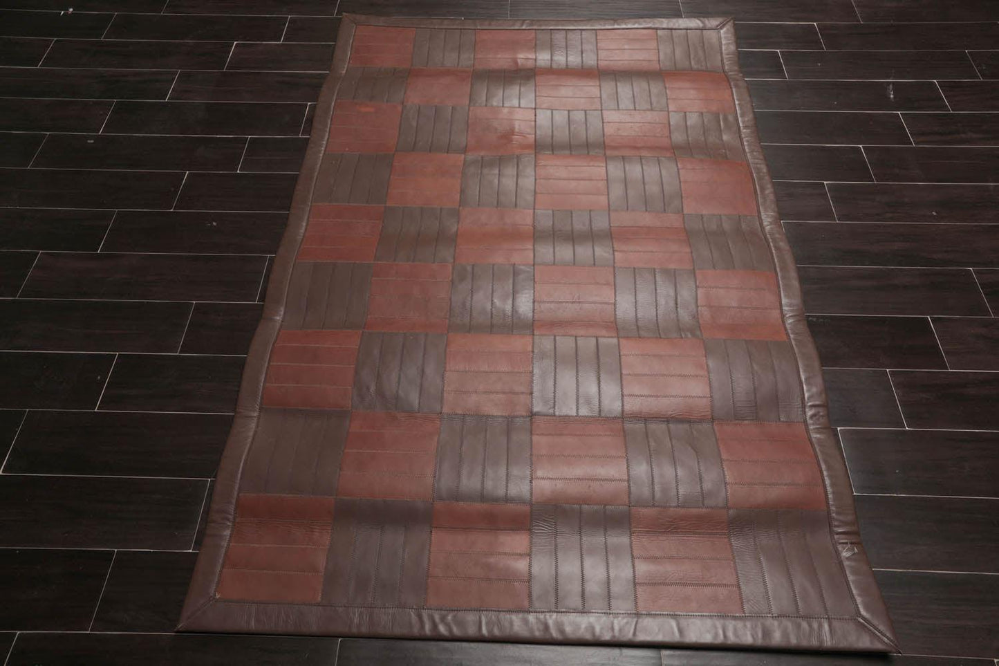 4'4"x6'3" Designer Handmade Leather Modern Flatweave Area Rug Brown-2