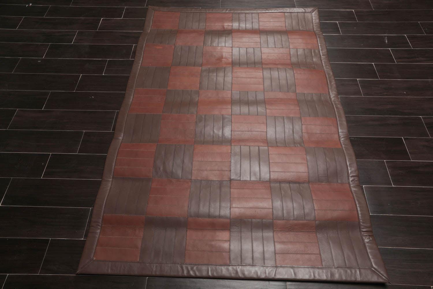 4'4"x6'3" Designer Handmade Leather Modern Flatweave Area Rug Brown-2