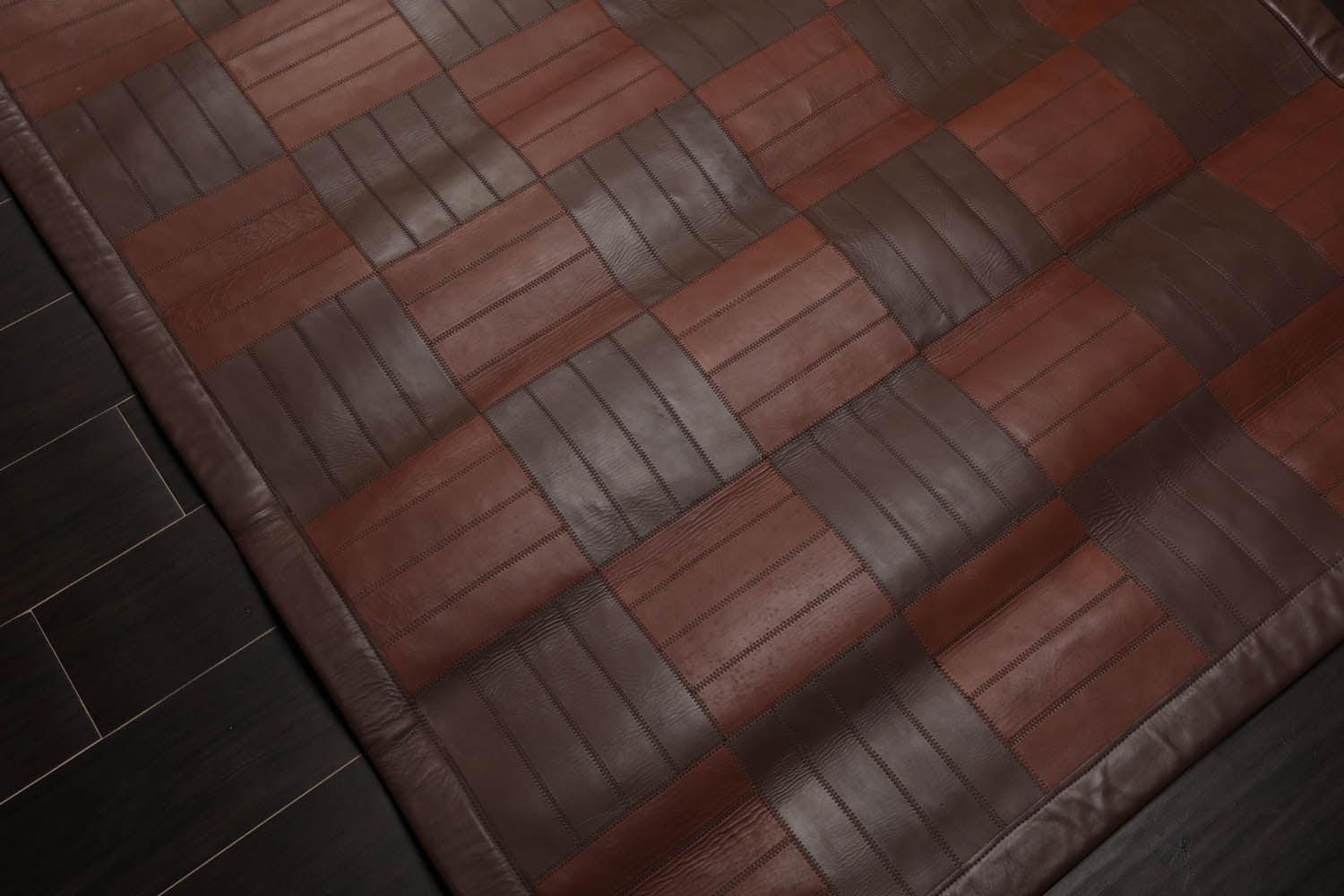 4'4"x6'3" Designer Handmade Leather Modern Flatweave Area Rug Brown-3