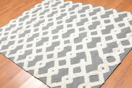 5'3" x 7'5" Handmade 100% Wool High Low Pile Area Rug Contemporary Gray-0
