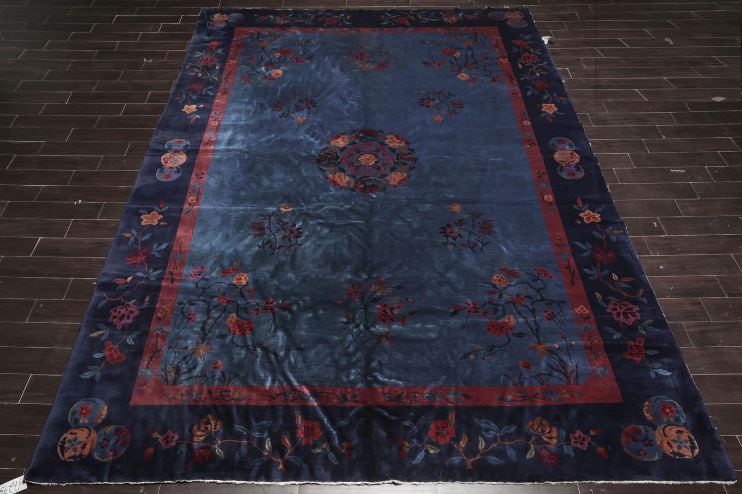 10'x13'6" Antique Art Deco Plush Pile Hand Knotted Wool Oriental Area Rug Navy-2