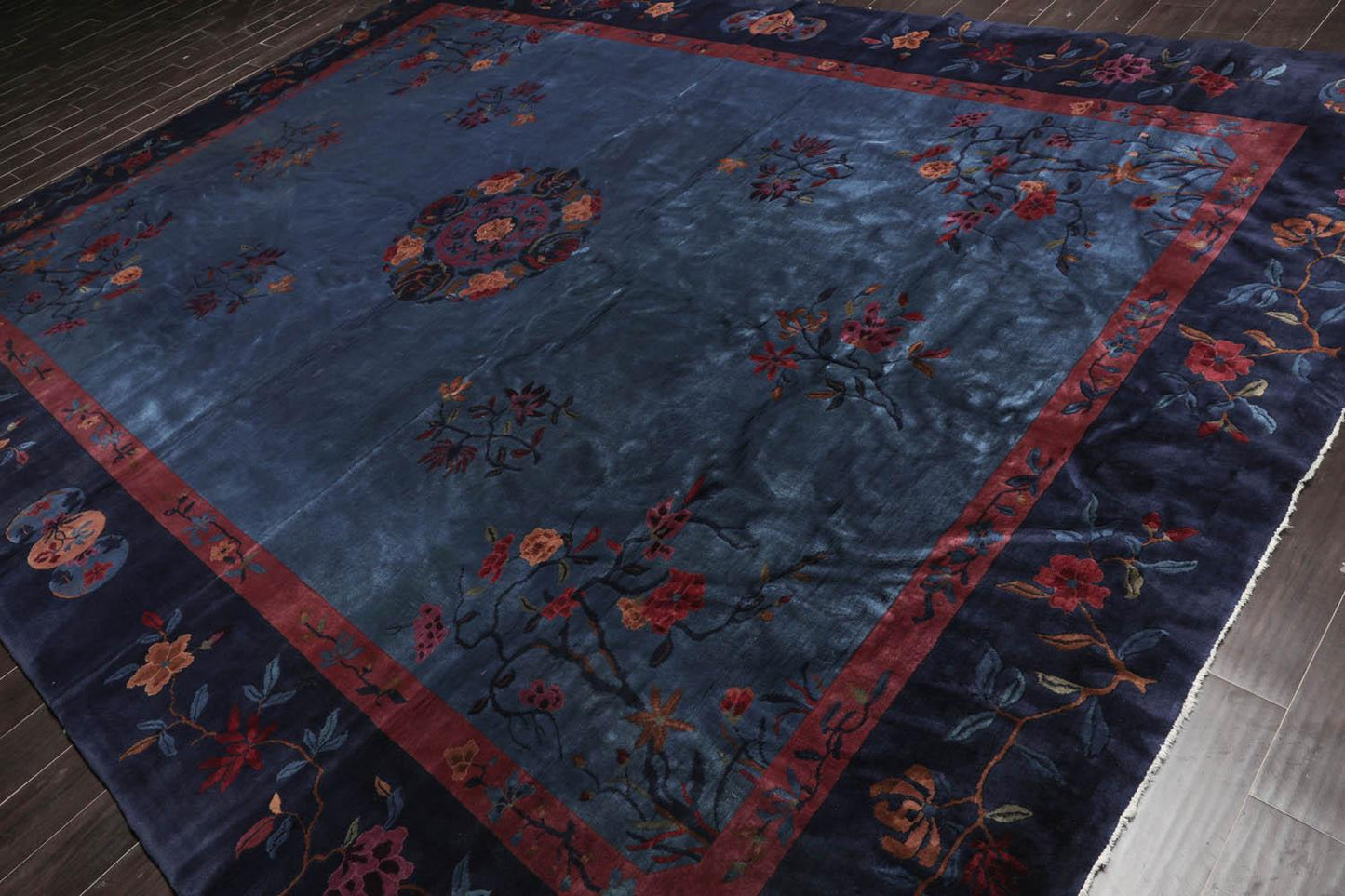 10'x13'6" Antique Art Deco Plush Pile Hand Knotted Wool Oriental Area Rug Navy-3