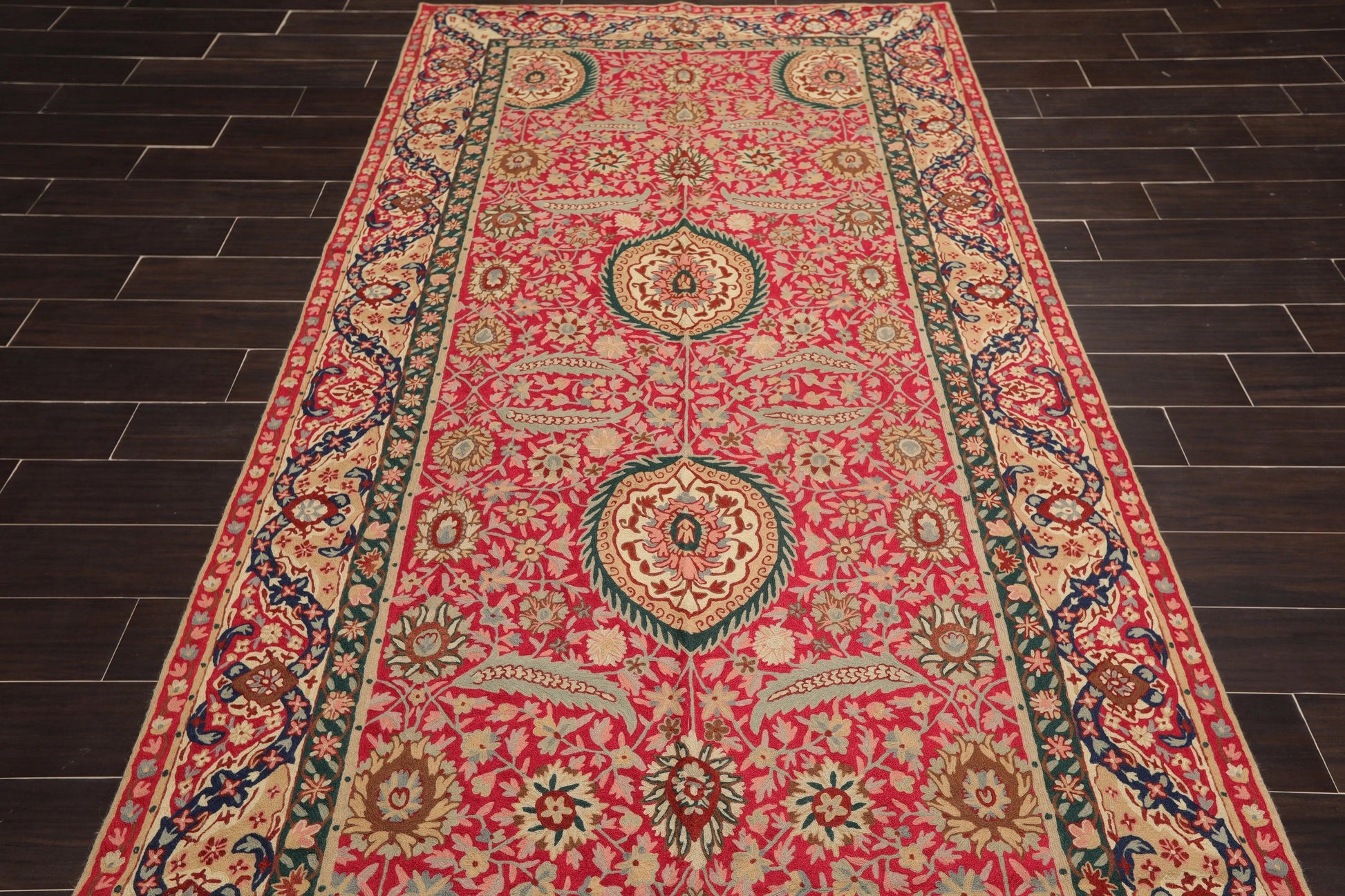 5' x 11' Hand Woven Traditional Wool French Chainstitch Area Rug Magenta-2