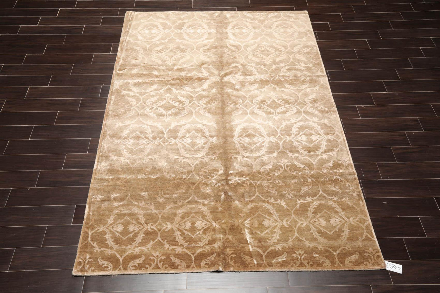 6'1" x 9'1" Hand Knotted Wool & Faux Silk Indo Tibetan Oriental Area Rug Tan-1