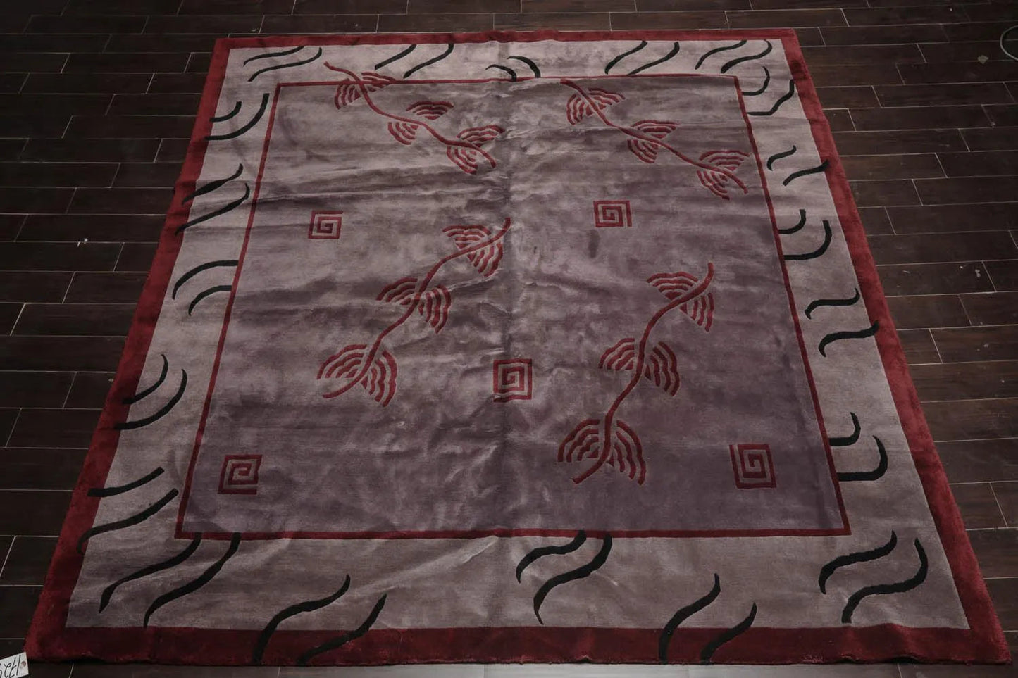 Endless Knots Tibetan Square Hand Knotted Wool Area Rug Aubergine 9'4'' x 9'6''-2