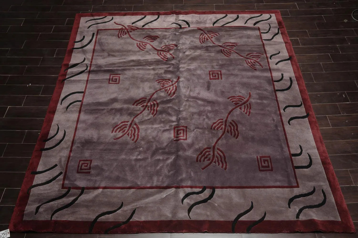 Endless Knots Tibetan Square Hand Knotted Wool Area Rug Aubergine 9'4'' x 9'6''-2