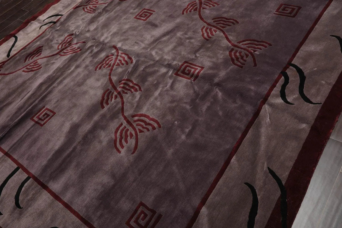 Endless Knots Tibetan Square Hand Knotted Wool Area Rug Aubergine 9'4'' x 9'6''-3