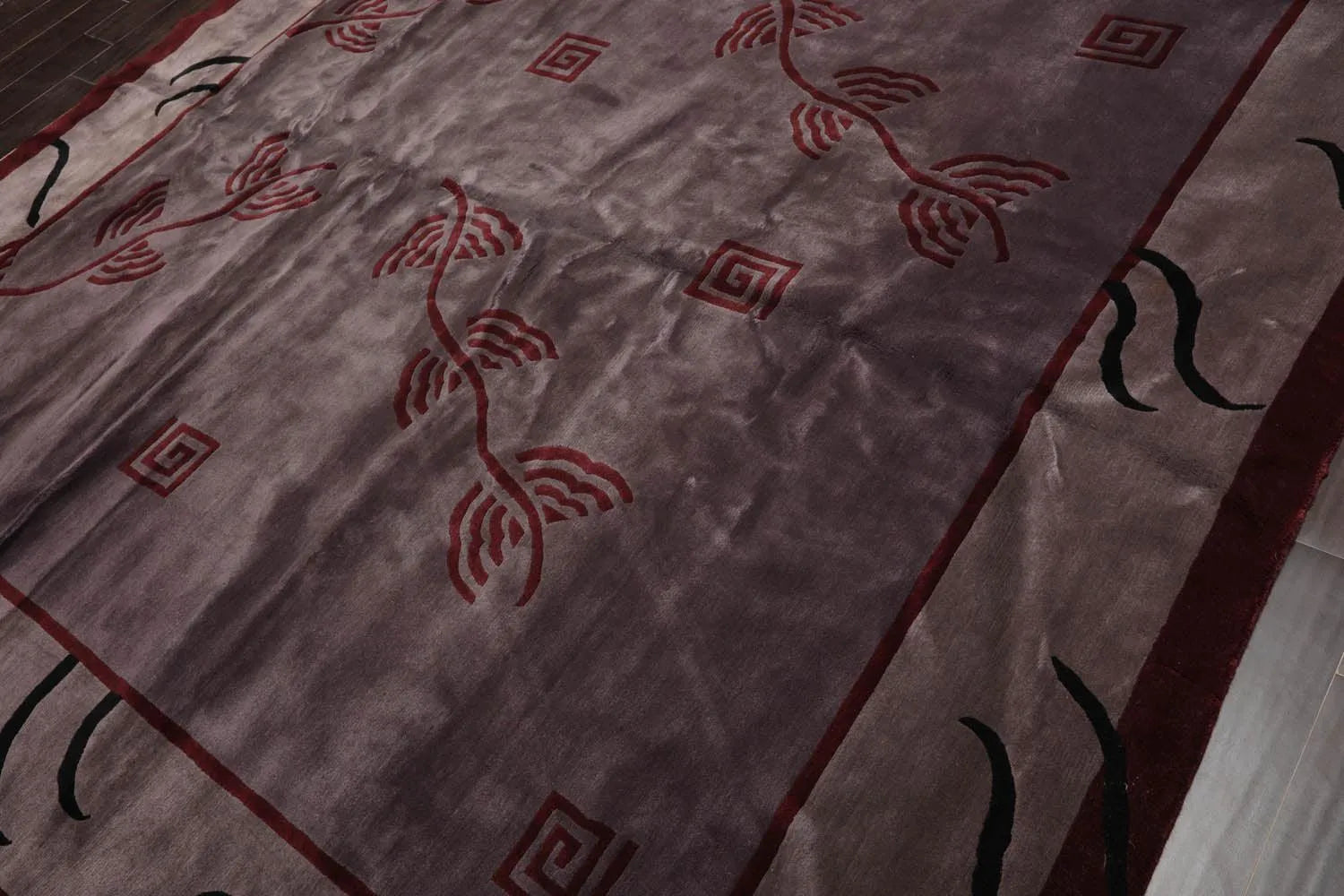 Endless Knots Tibetan Square Hand Knotted Wool Area Rug Aubergine 9'4'' x 9'6''-3