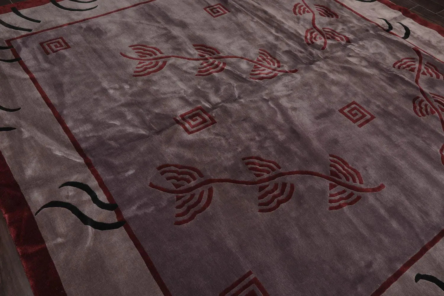 Endless Knots Tibetan Square Hand Knotted Wool Area Rug Aubergine 9'4'' x 9'6''-4