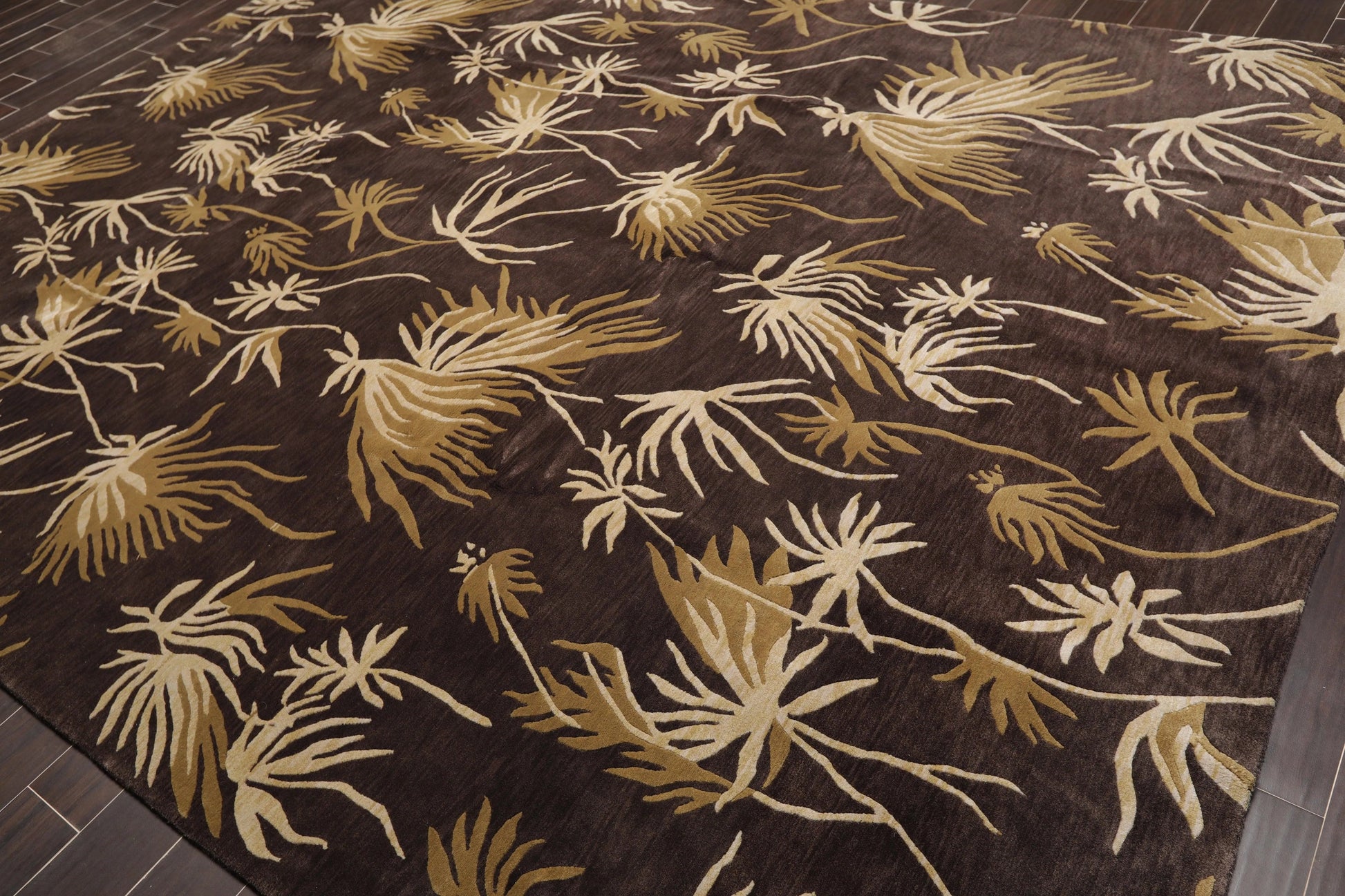 9' x 12'Tibetan Hand Knotted Botanical Designer Wool Modern Area Rug Coffee-2