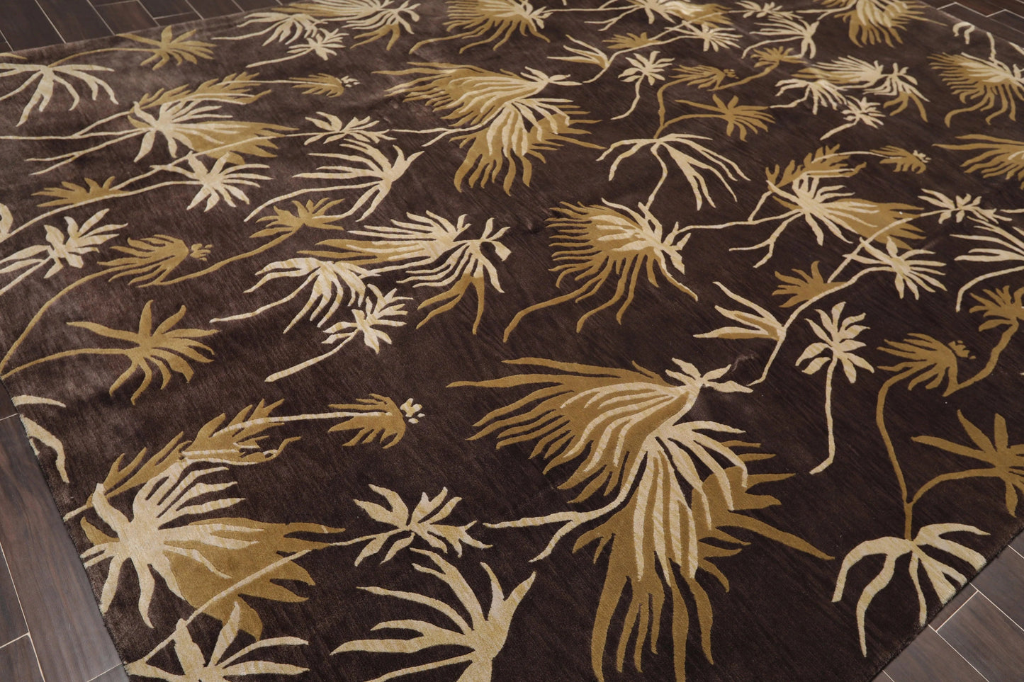 9' x 12'Tibetan Hand Knotted Botanical Designer Wool Modern Area Rug Coffee-3