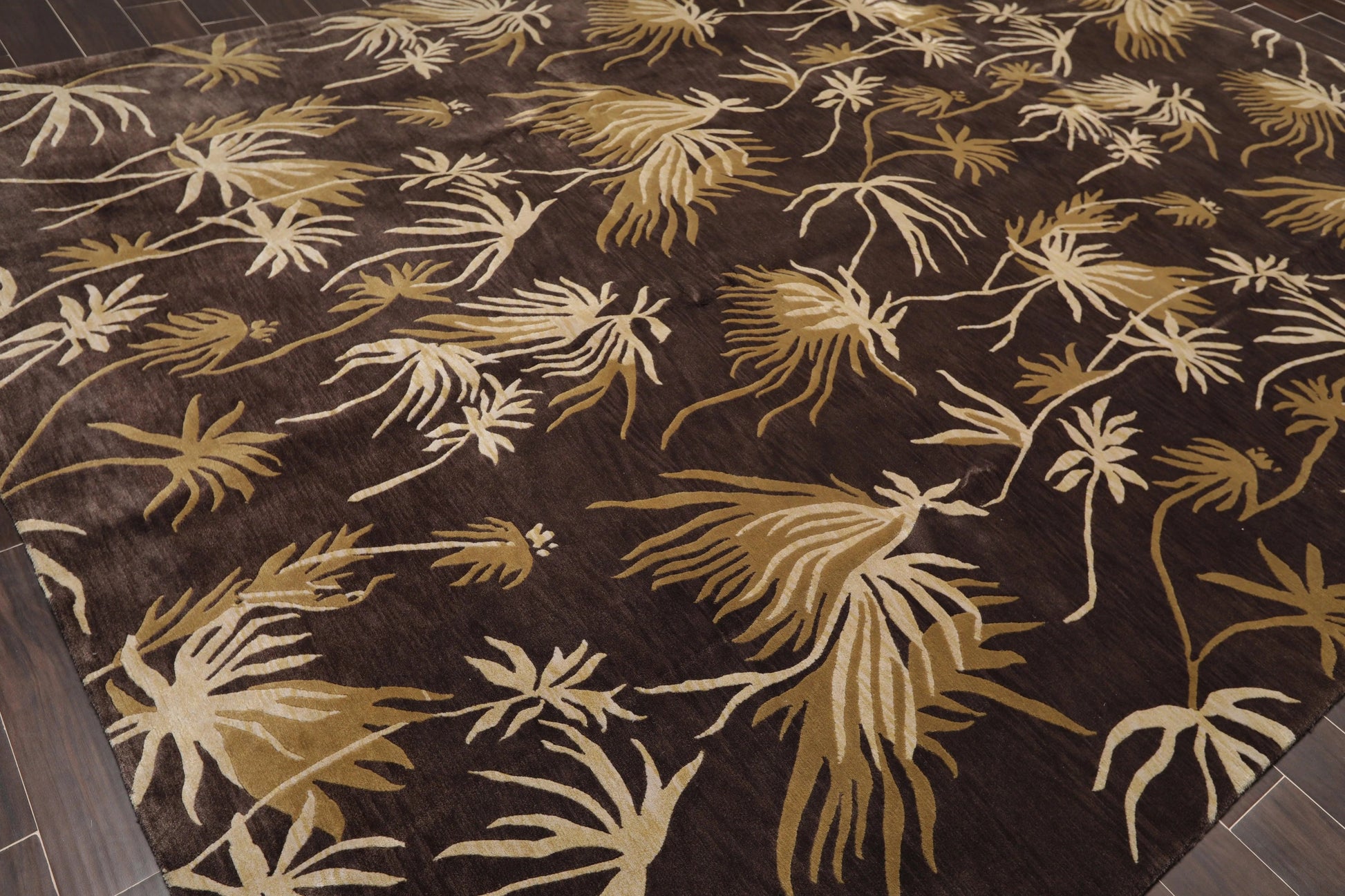 9' x 12'Tibetan Hand Knotted Botanical Designer Wool Modern Area Rug Coffee-3