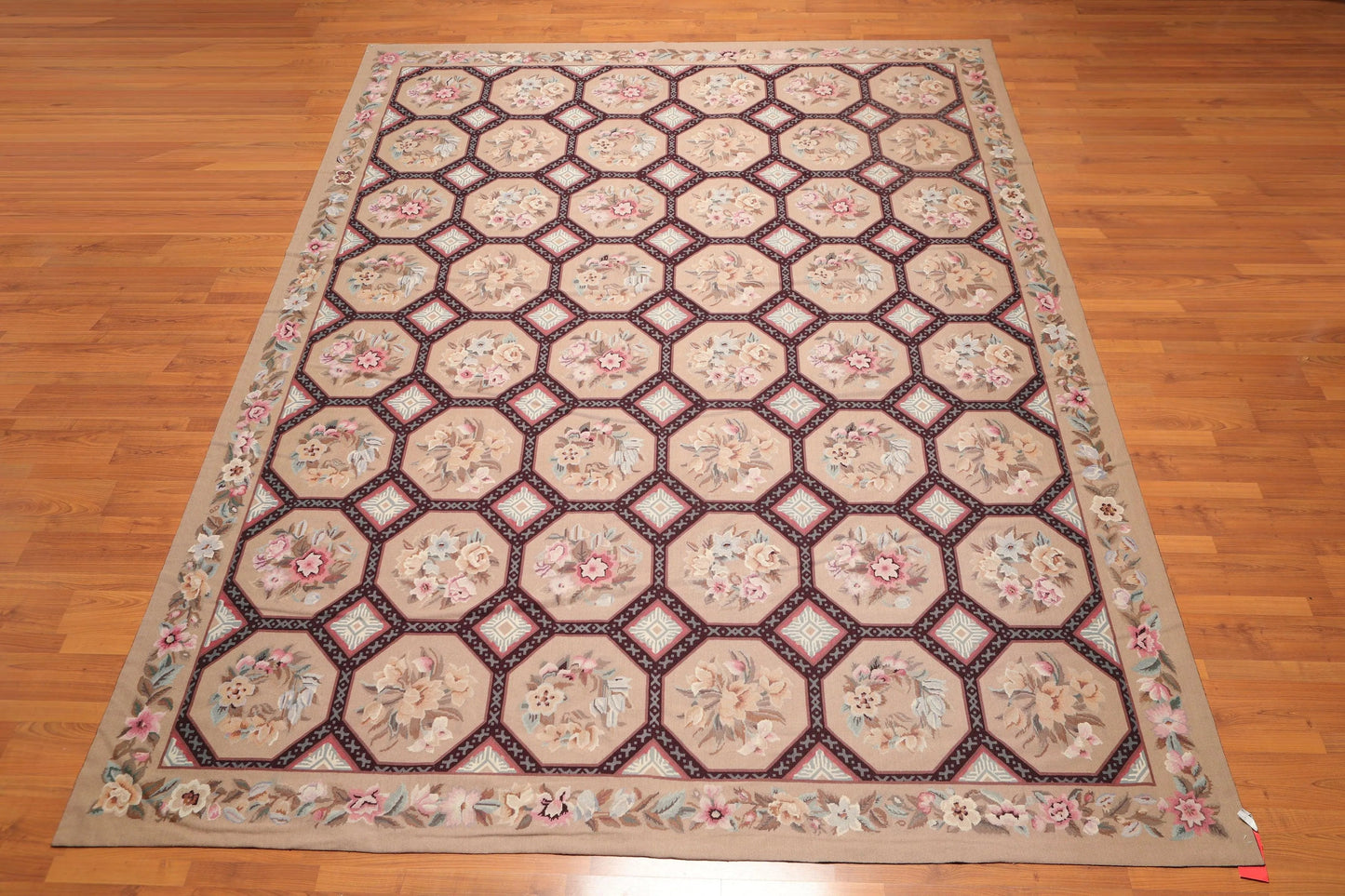 9' x 12' Hand Woven Floral 100% Wool French Needlepoint Area Rug Tan-1