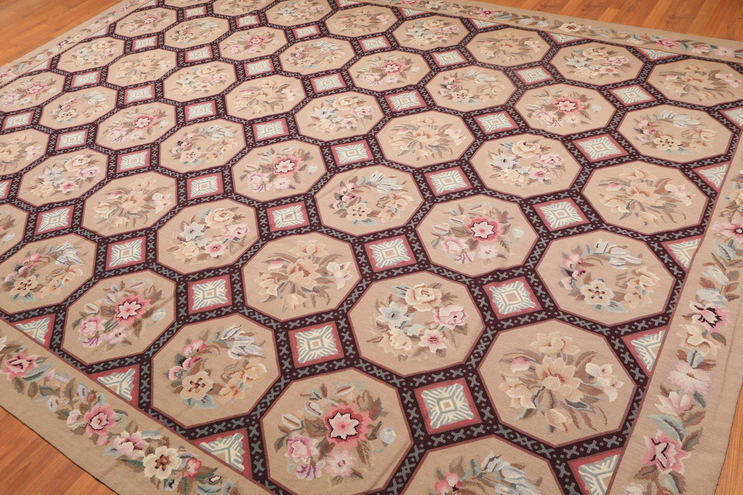 9' x 12' Hand Woven Floral 100% Wool French Needlepoint Area Rug Tan-2