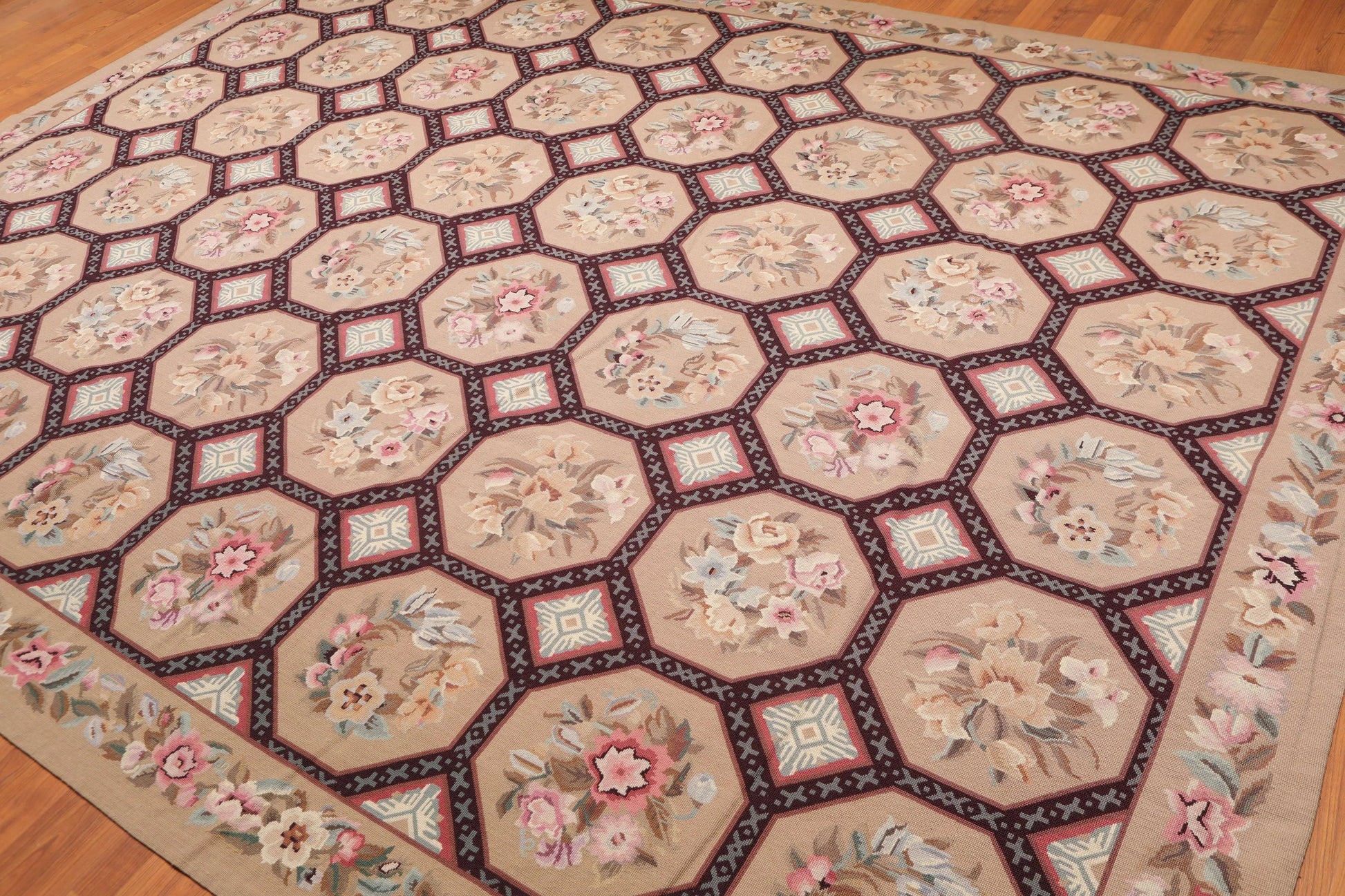 9' x 12' Hand Woven Floral 100% Wool French Needlepoint Area Rug Tan-2