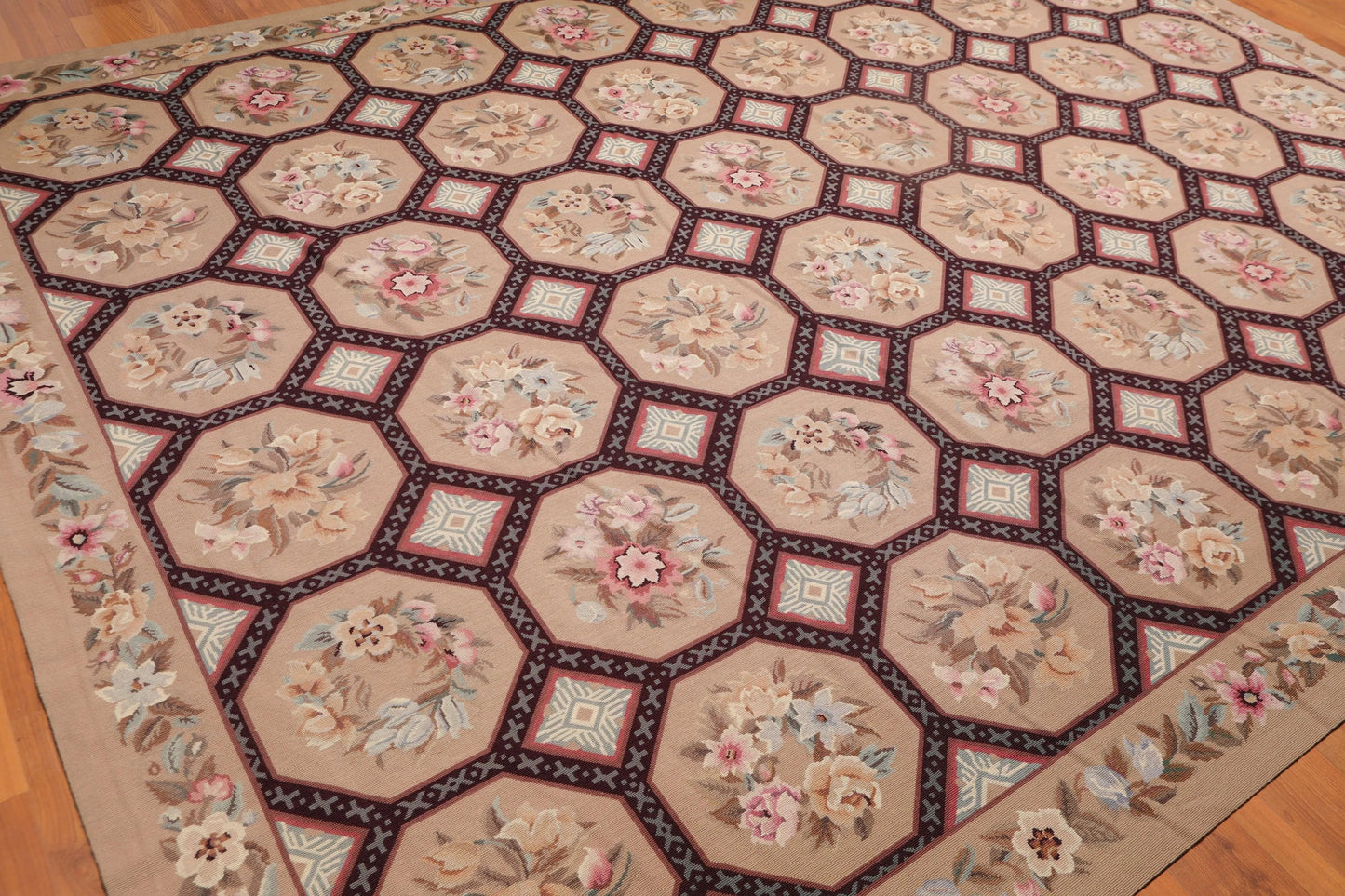 9' x 12' Hand Woven Floral 100% Wool French Needlepoint Area Rug Tan-3