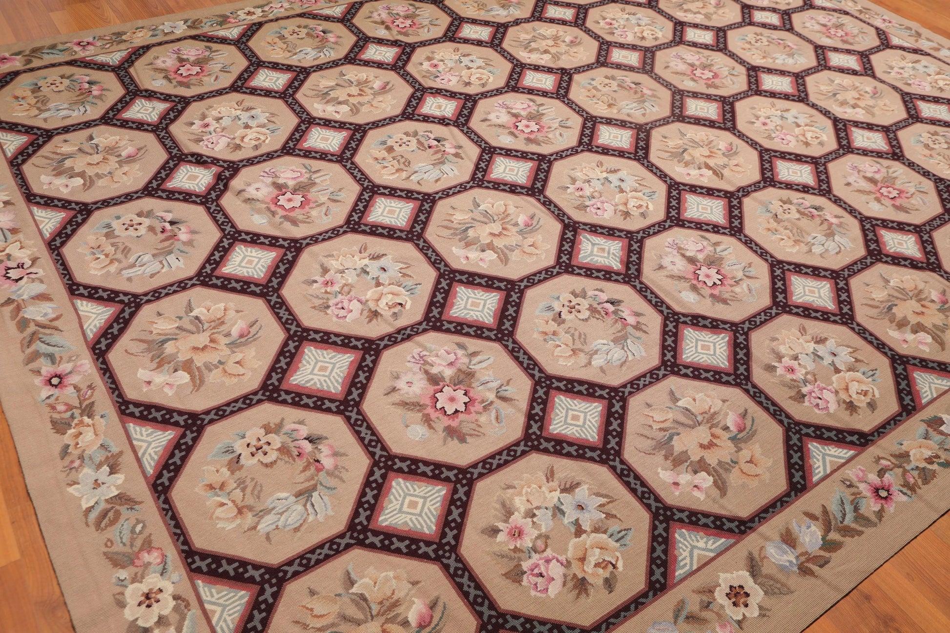 9' x 12' Hand Woven Floral 100% Wool French Needlepoint Area Rug Tan-3