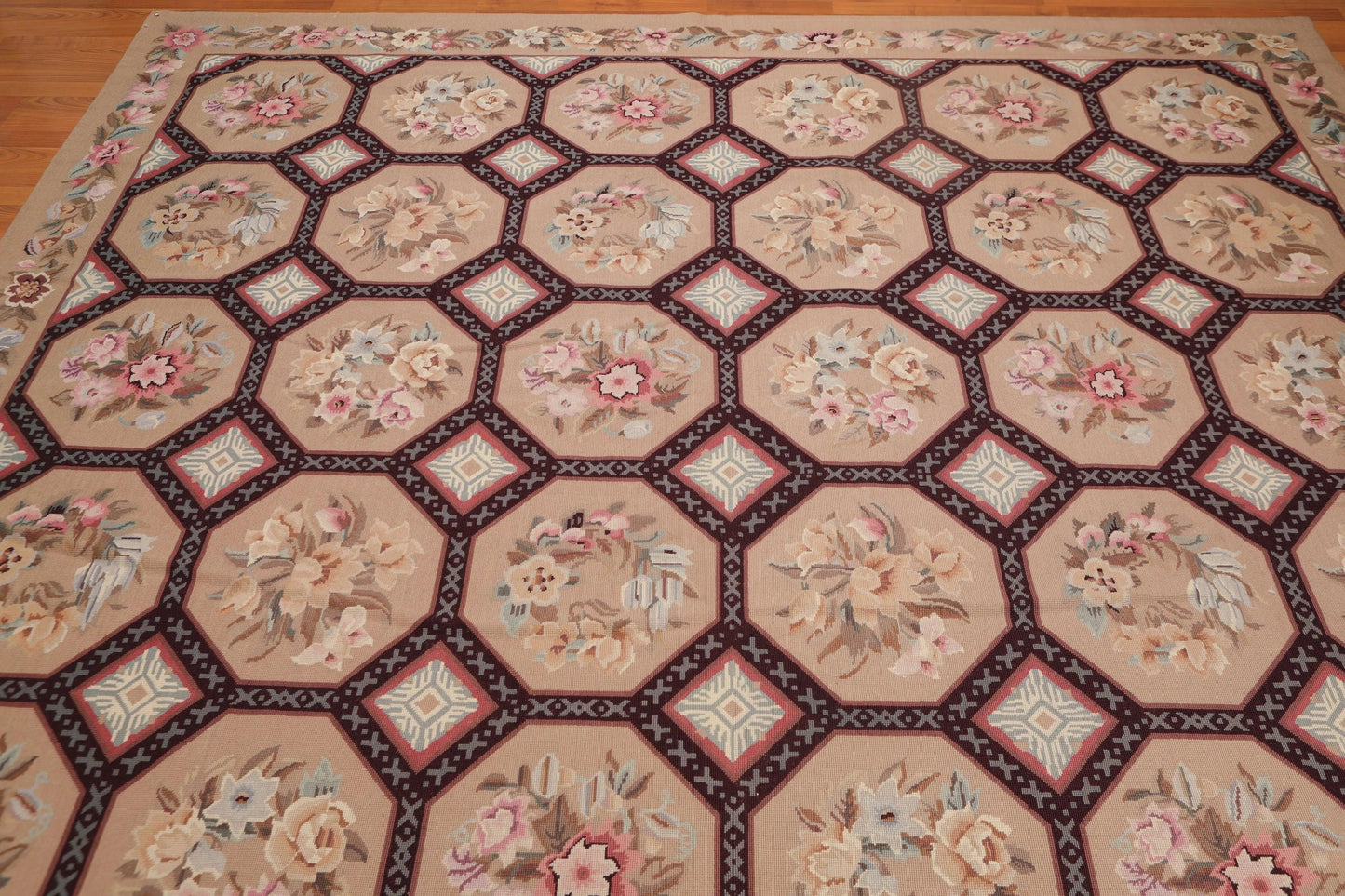 9' x 12' Hand Woven Floral 100% Wool French Needlepoint Area Rug Tan-4
