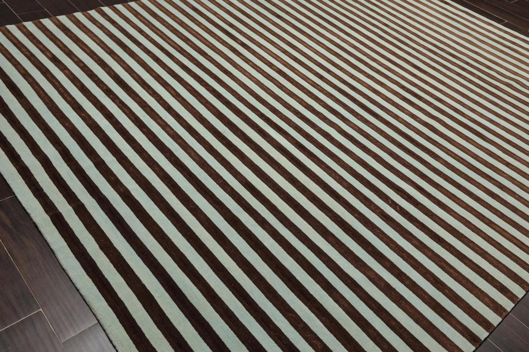 8' x 10' Hand Knotted Tibetan Wool & Silk Stripes Area Rug Brown Seafoam-2