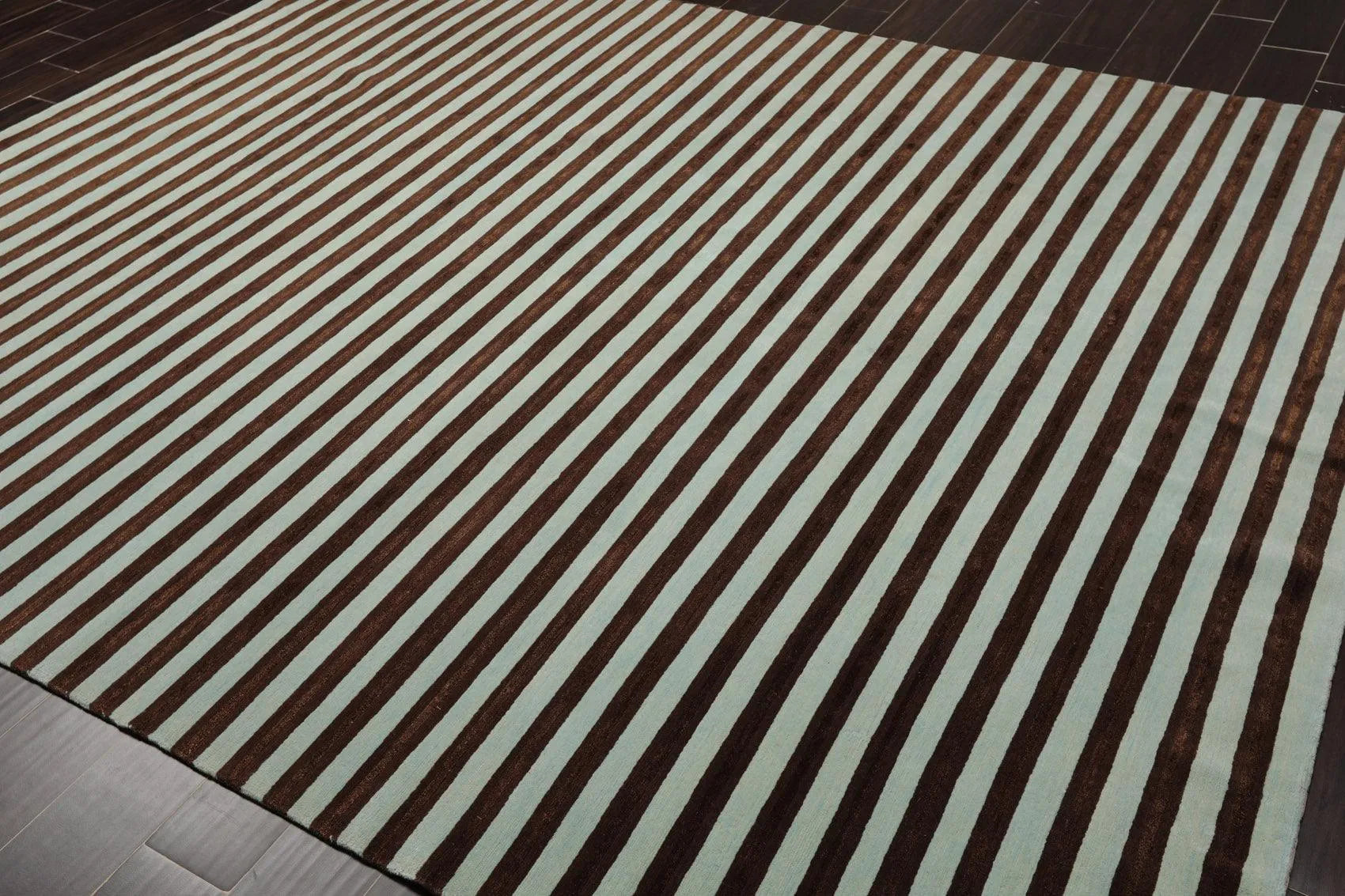 8' x 10' Hand Knotted Tibetan Wool & Silk Stripes Area Rug Brown Seafoam-3