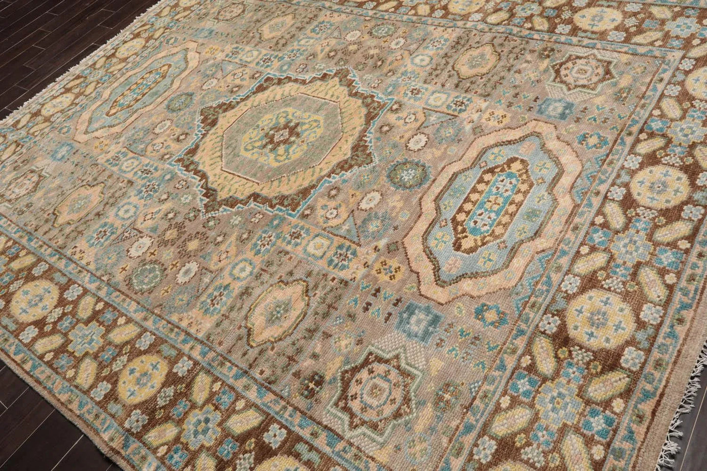 8'x10 Hand Knotted Muted Turkish Oushak 100% Wool Traditional Oriental Area Rug Taupe, Teal Color-4