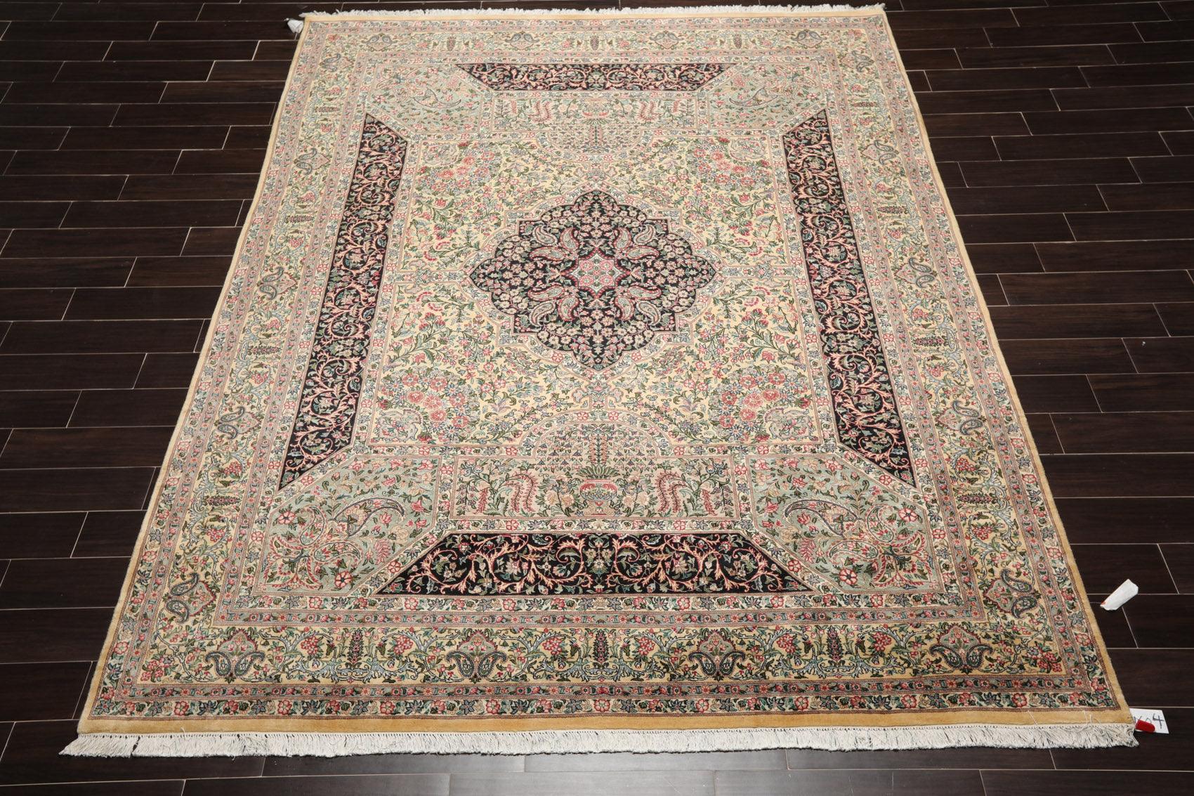 8'1"x 10'3" Hand Knotted Wool PakPersian 300 KPSI Area Rug Ivory Black Aqua-1