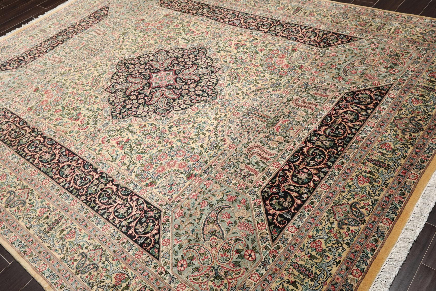 8'1"x 10'3" Hand Knotted Wool PakPersian 300 KPSI Area Rug Ivory Black Aqua-2