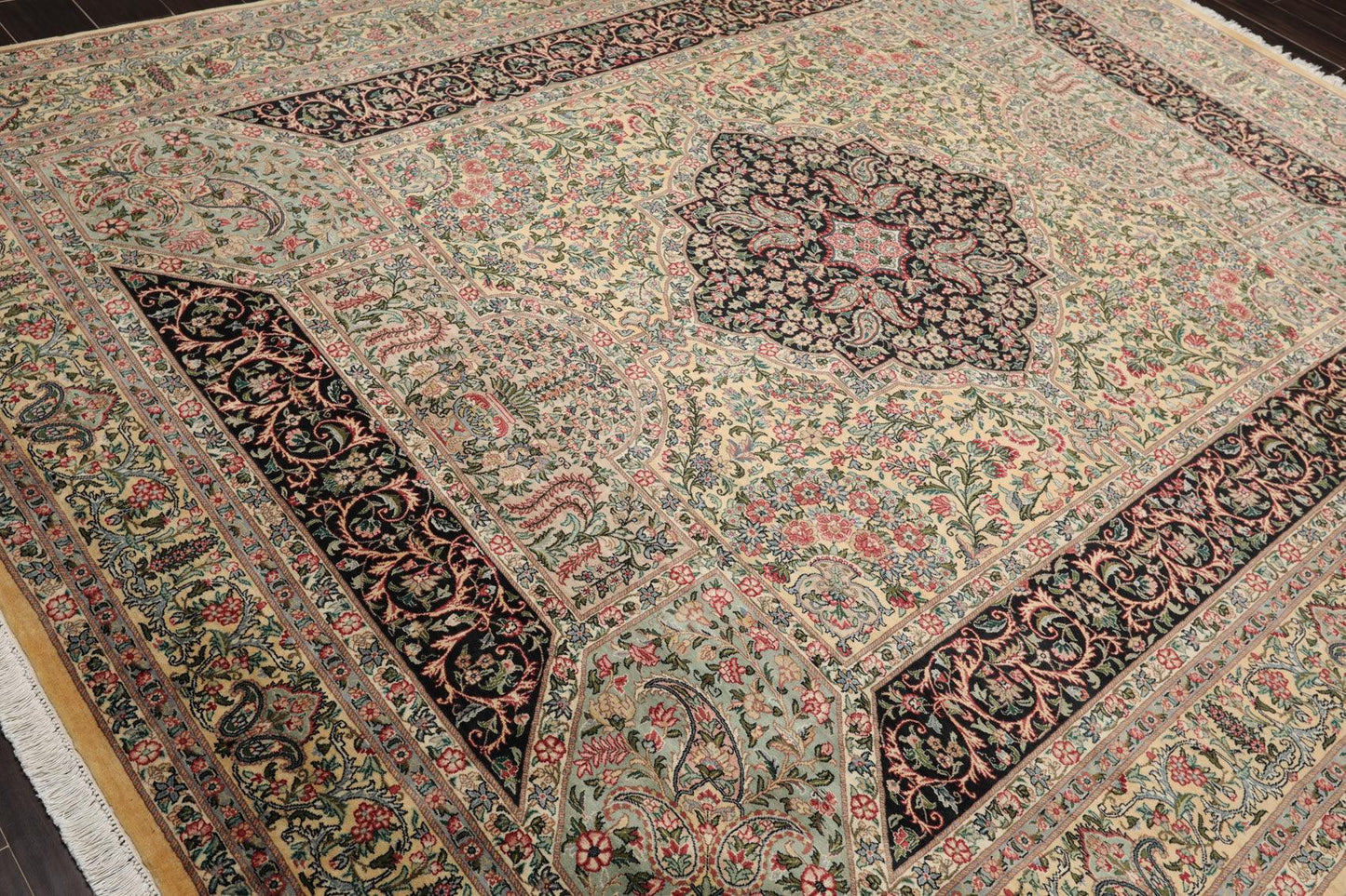 8'1"x 10'3" Hand Knotted Wool PakPersian 300 KPSI Area Rug Ivory Black Aqua-3