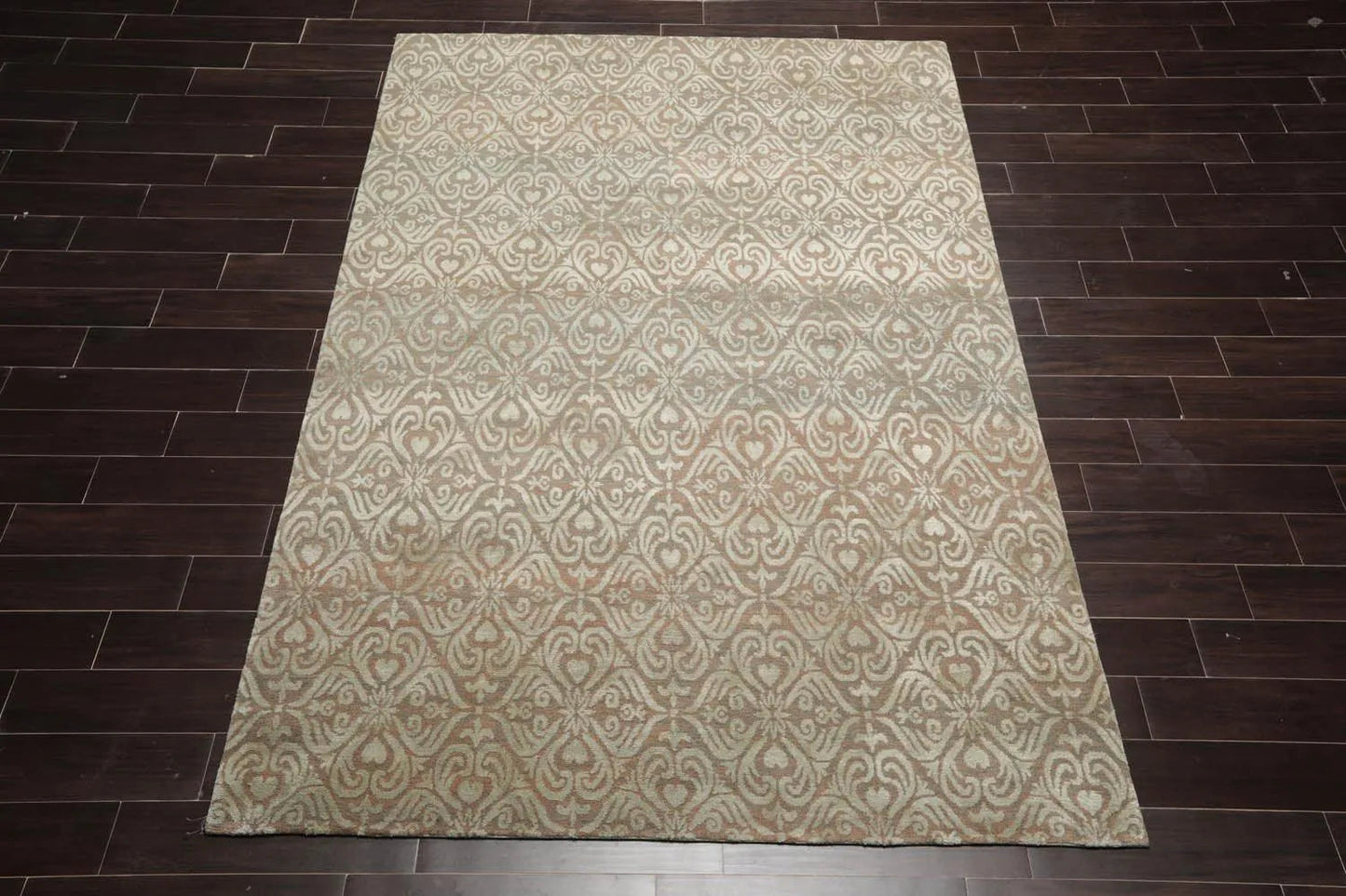 6x9 Aqua, Beige Hand Knotted Wool and Silk Tibetan Traditional Oriental Area Rug-3