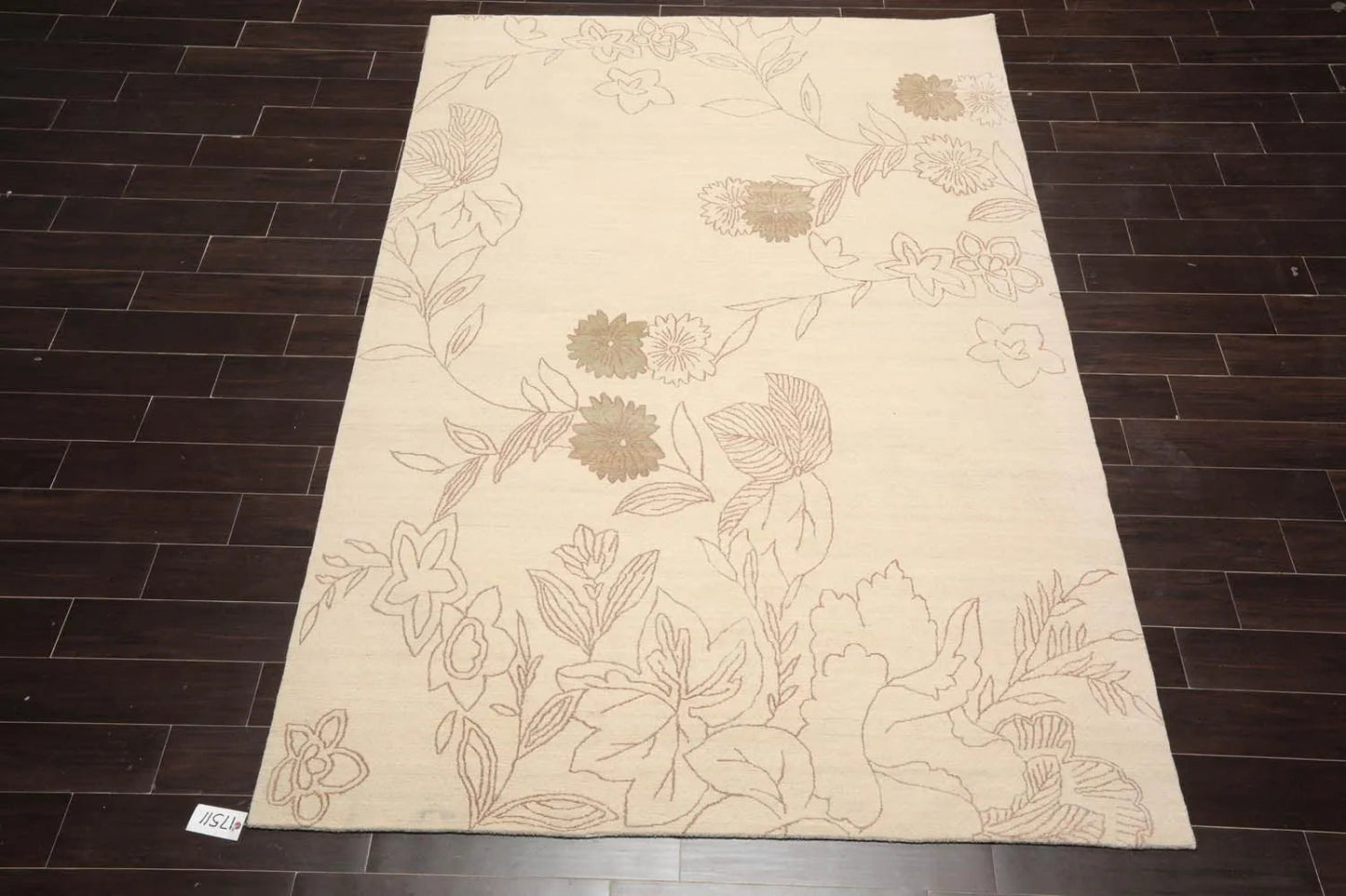 6' x 9' Hand Knotted Tamarian 100% Wool Tibetan Transitional Oriental Area Rug Ivory, Olive Green Color-2