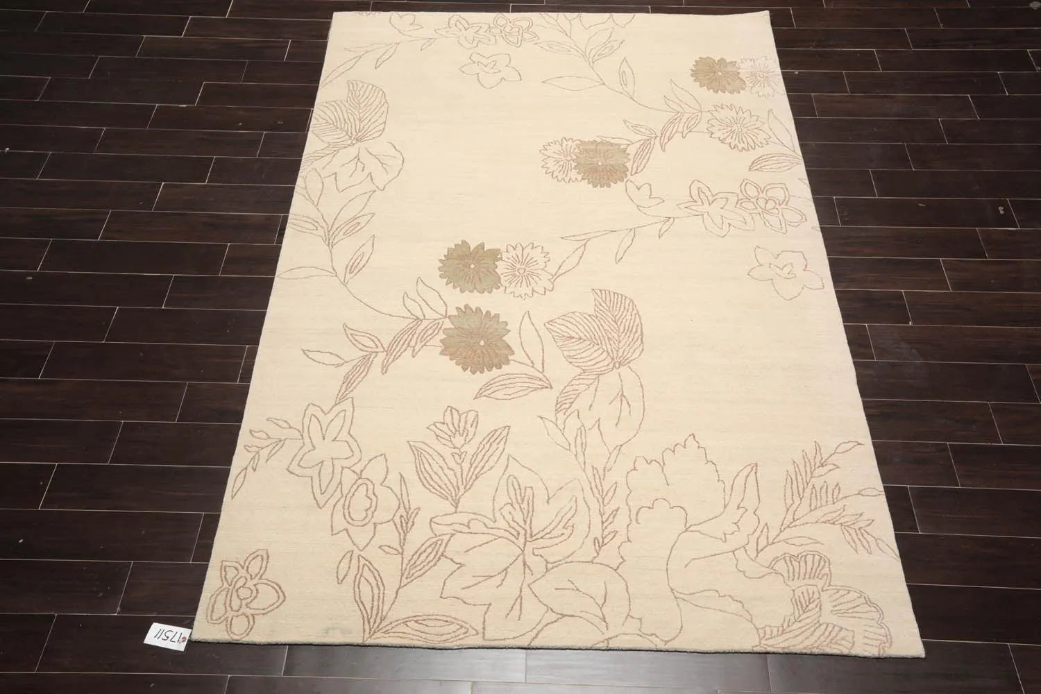 6' x 9' Hand Knotted Tamarian 100% Wool Tibetan Transitional Oriental Area Rug Ivory, Olive Green Color-2