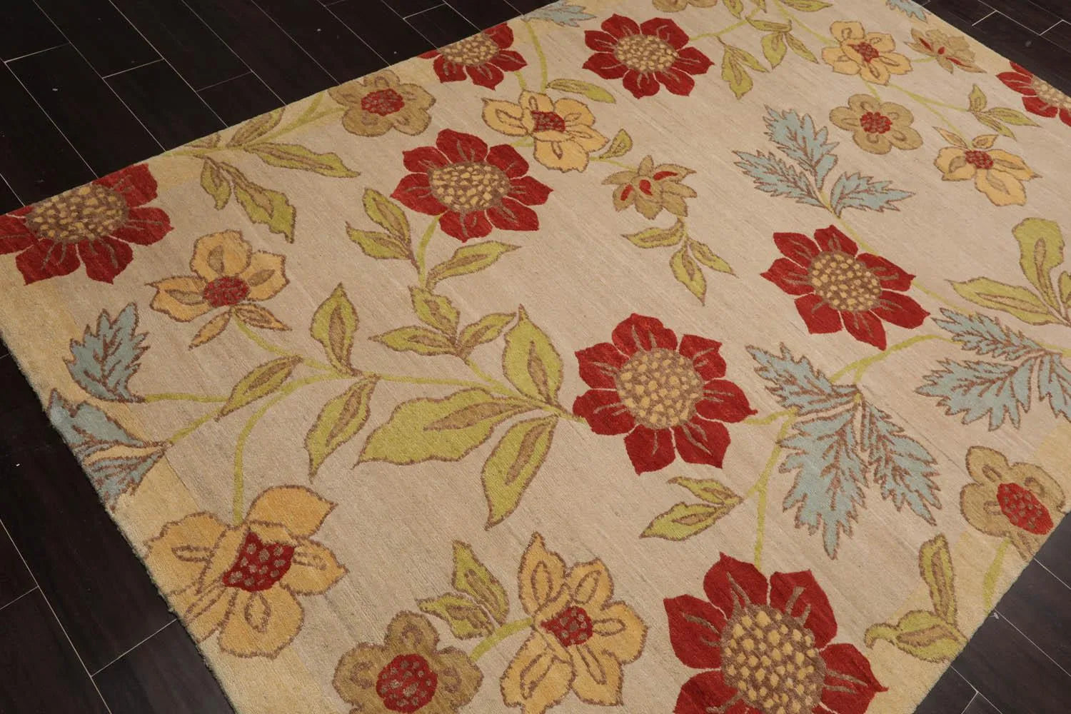 5'6''x8'6'' Hand Knotted Tibetan 100% Wool Transitional Oriental Area Rug Beige, Lime Color-4