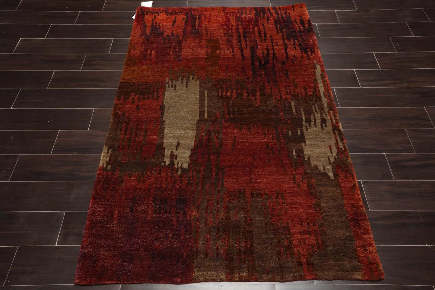 4'x5'10'' Hand Knotted Tibetan 100% Wool Abstract Modern & Contemporary Oriental Area Rug Rust, Olive Color-2