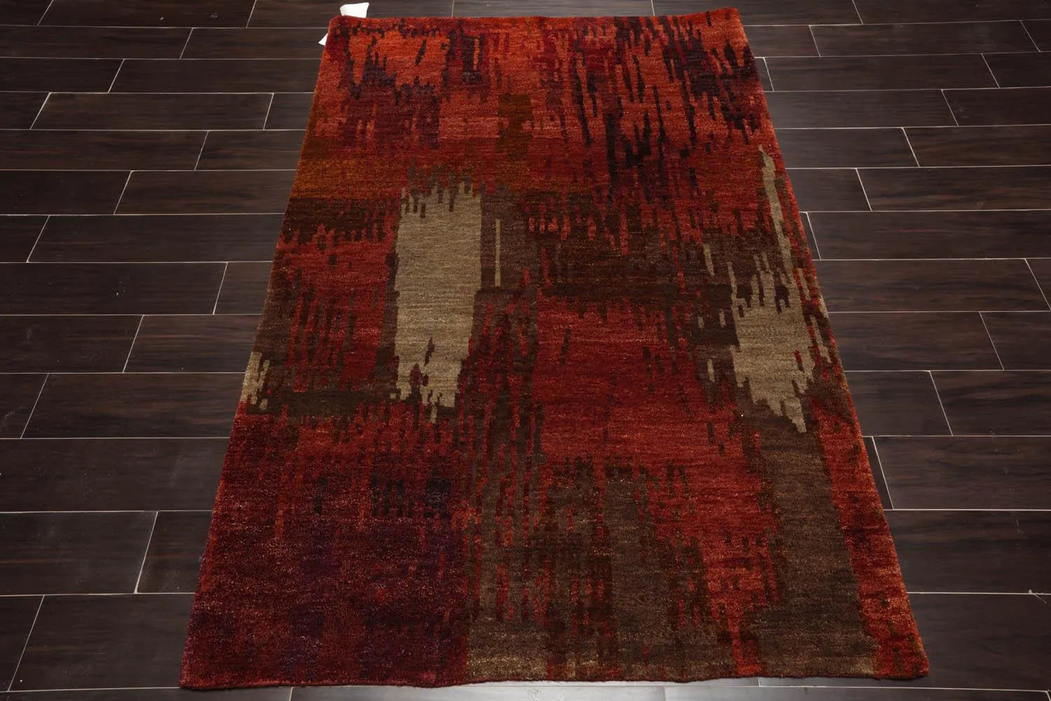 4'x5'10'' Hand Knotted Tibetan 100% Wool Abstract Modern & Contemporary Oriental Area Rug Rust, Olive Color-2