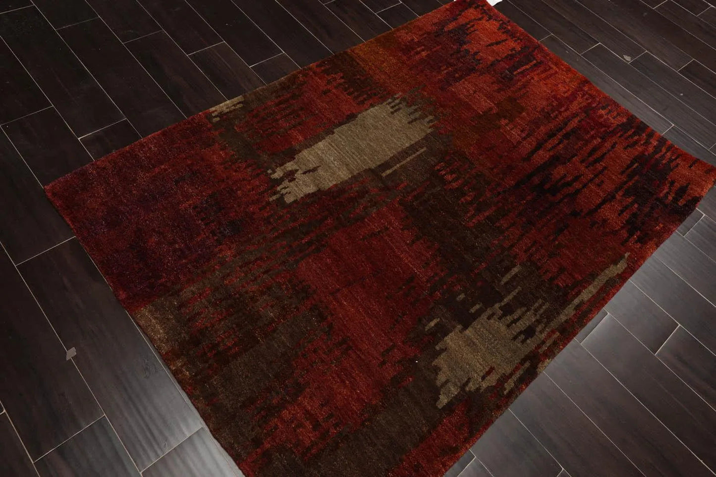 4'x5'10'' Hand Knotted Tibetan 100% Wool Abstract Modern & Contemporary Oriental Area Rug Rust, Olive Color-4