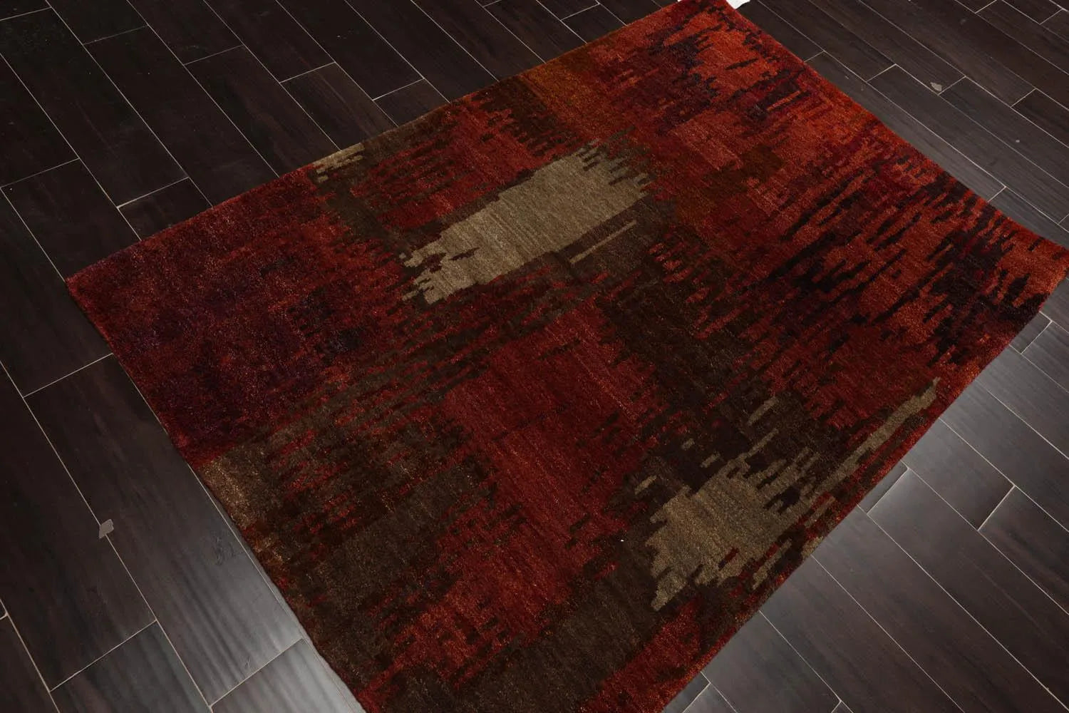 4'x5'10'' Hand Knotted Tibetan 100% Wool Abstract Modern & Contemporary Oriental Area Rug Rust, Olive Color-4