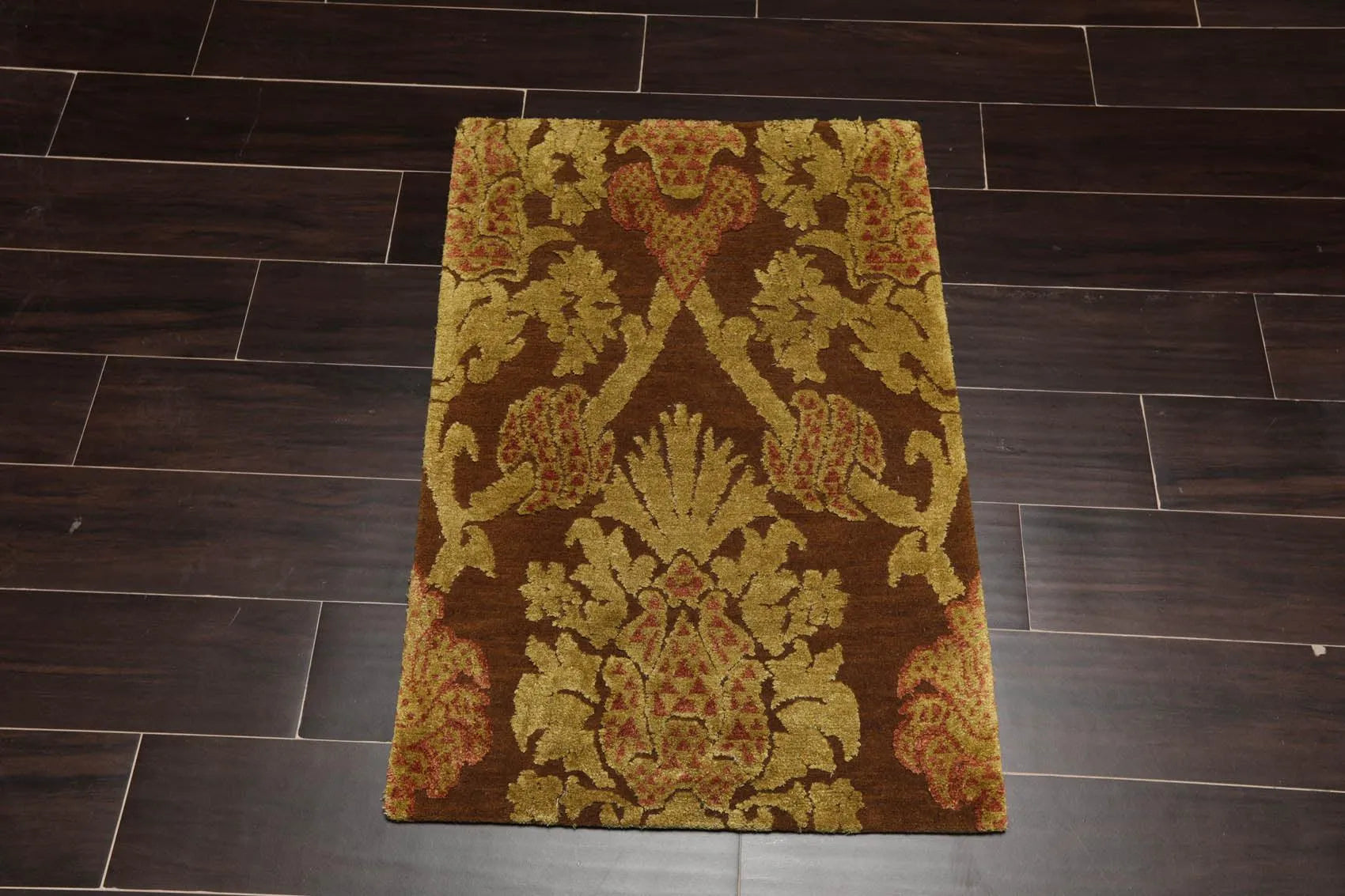 2' x 3' Hand Knotted Wool & Silk Baroque High Low Pile Tibetan Area Rug Brown-1