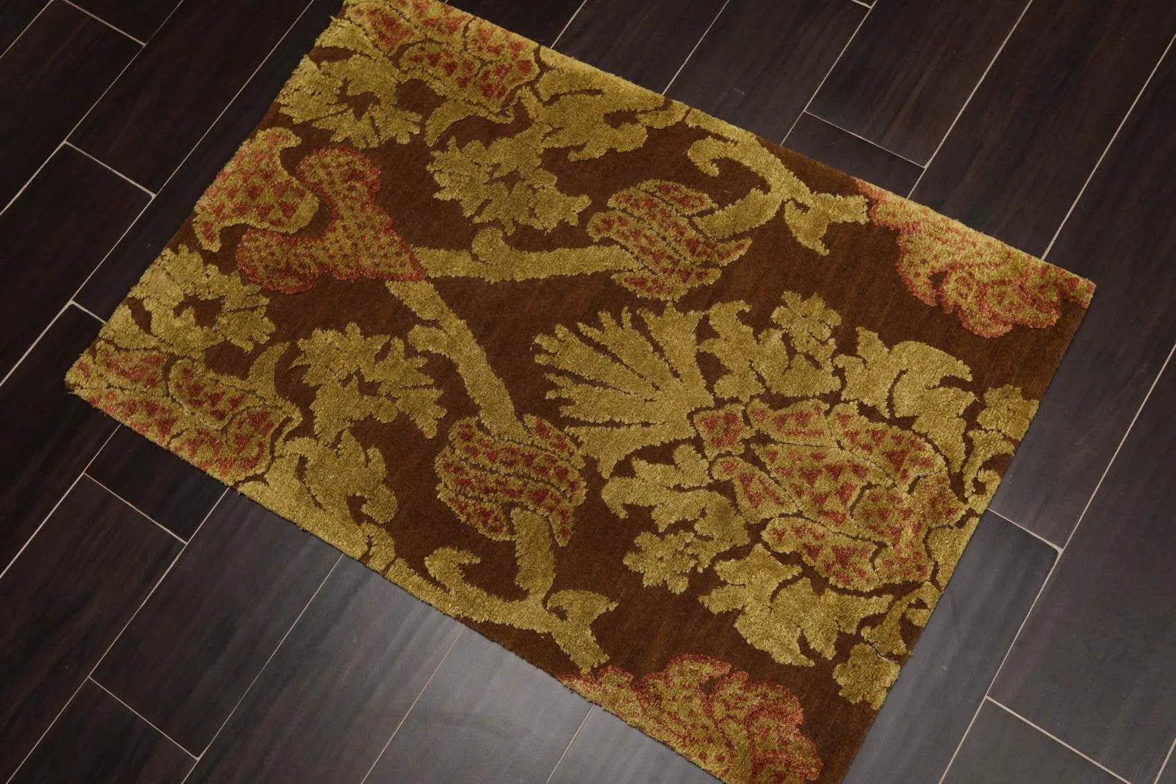 2' x 3' Hand Knotted Wool & Silk Baroque High Low Pile Tibetan Area Rug Brown-2