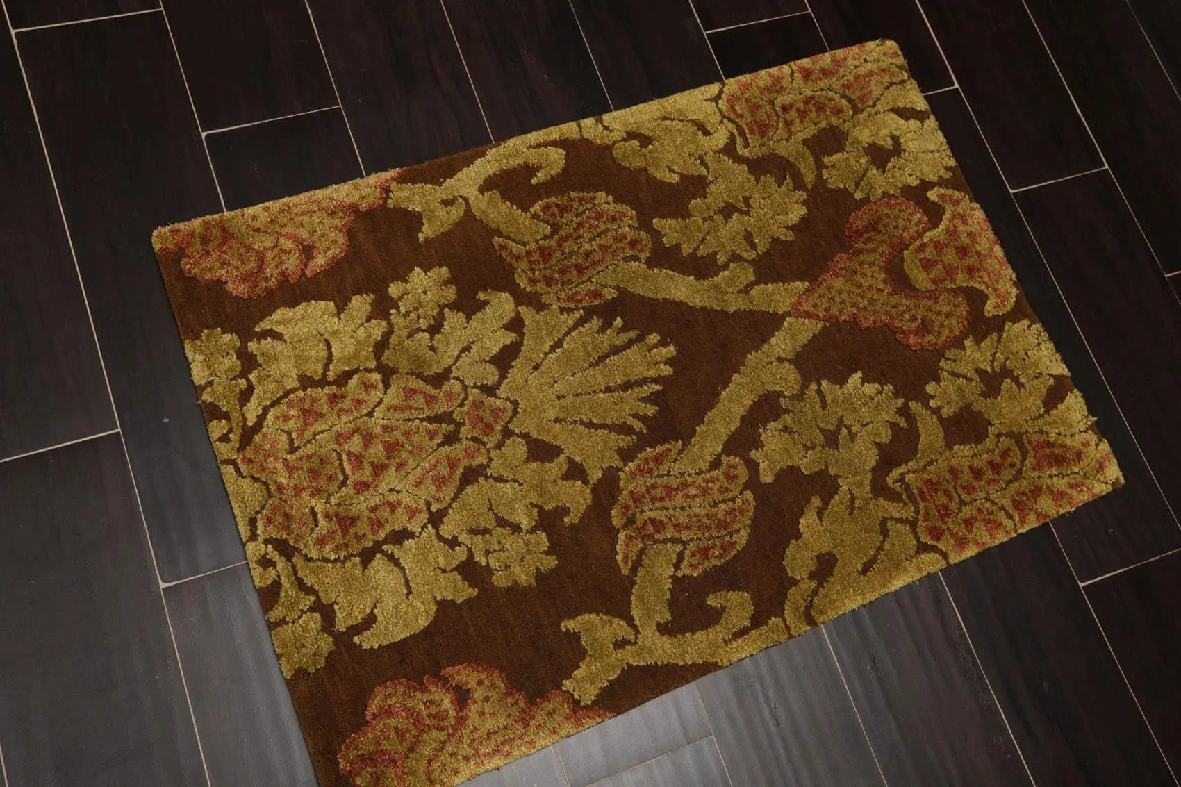 2' x 3' Hand Knotted Wool & Silk Baroque High Low Pile Tibetan Area Rug Brown-3