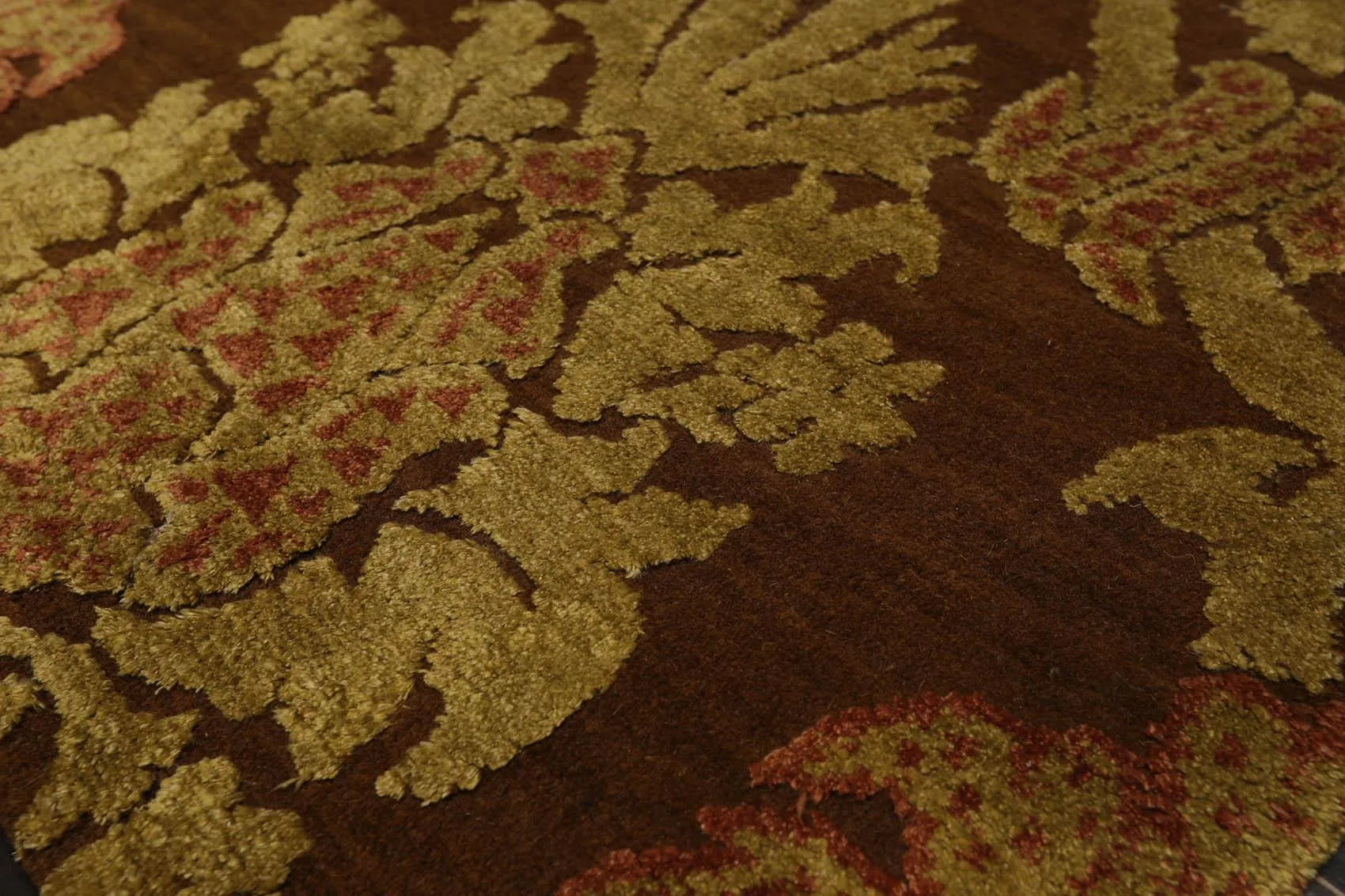 2' x 3' Hand Knotted Wool & Silk Baroque High Low Pile Tibetan Area Rug Brown-4
