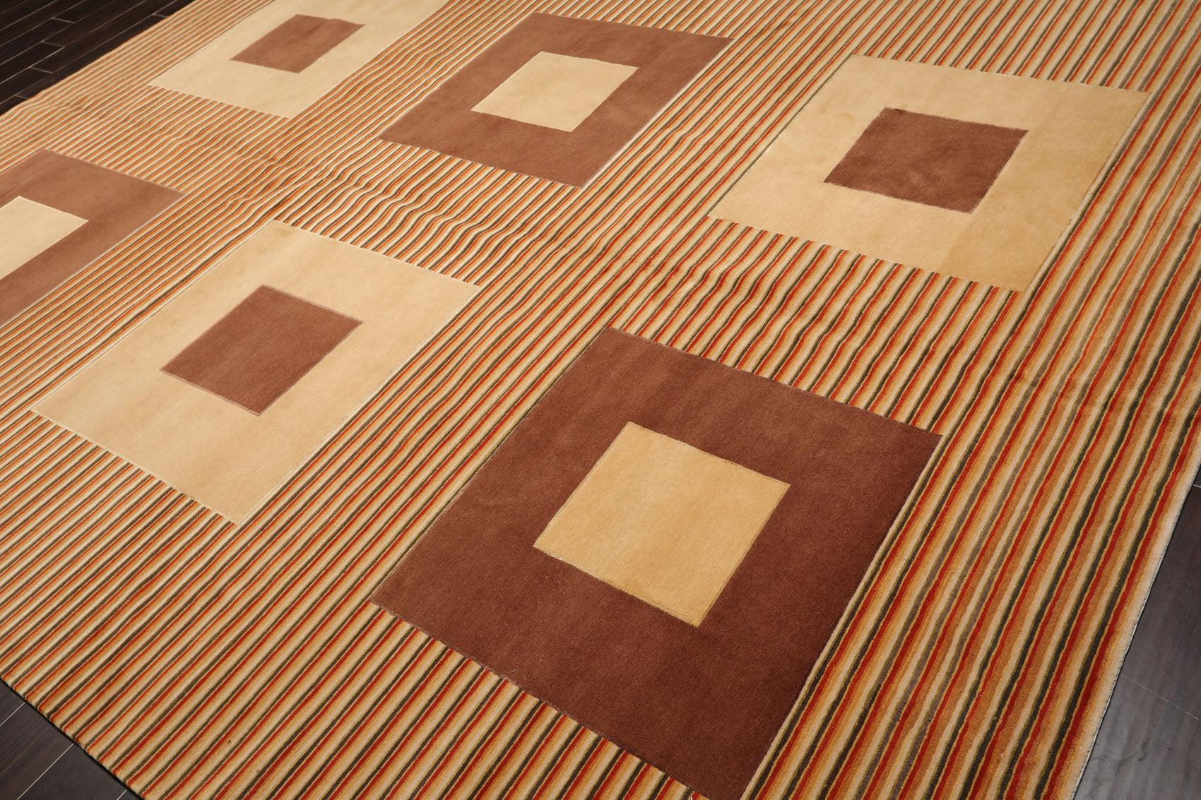 8'11"x11'10'' Hand Knotted Tibetan Wool Art Deco Modern Area Rug Beige Brown-2