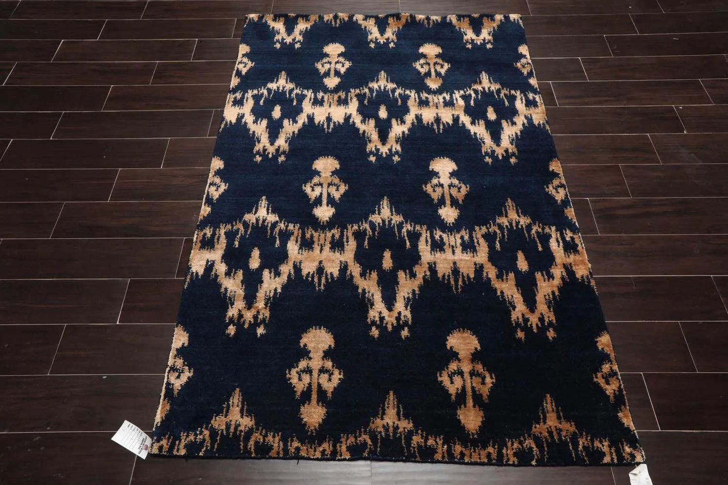 4'1''x6' Hand Knotted Tibetan Wool and Bamboo Silk Tibetan Traditional Oriental Area Rug Navy, Beige Color-1