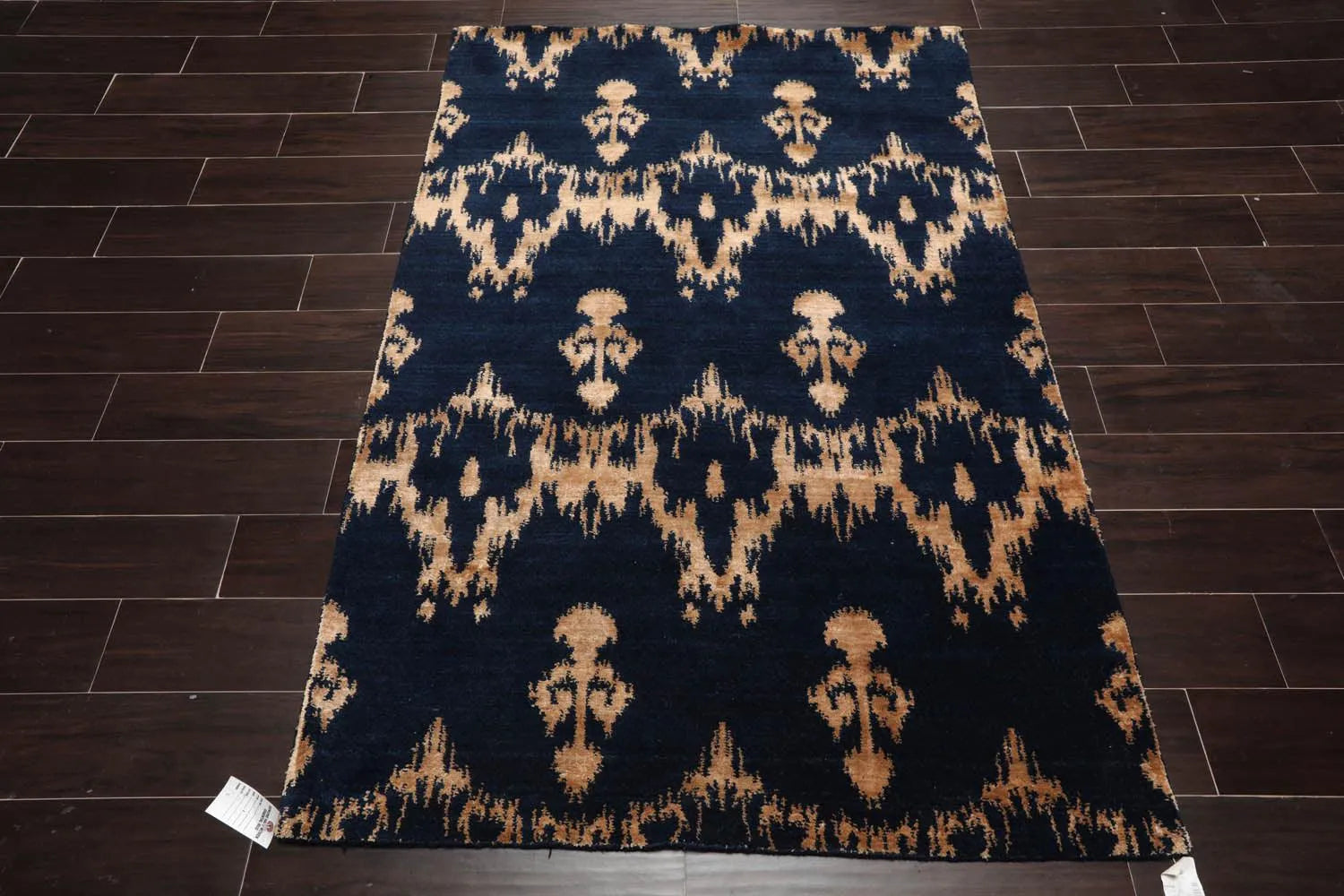 4'1''x6' Hand Knotted Tibetan Wool and Bamboo Silk Tibetan Traditional Oriental Area Rug Navy, Beige Color-1