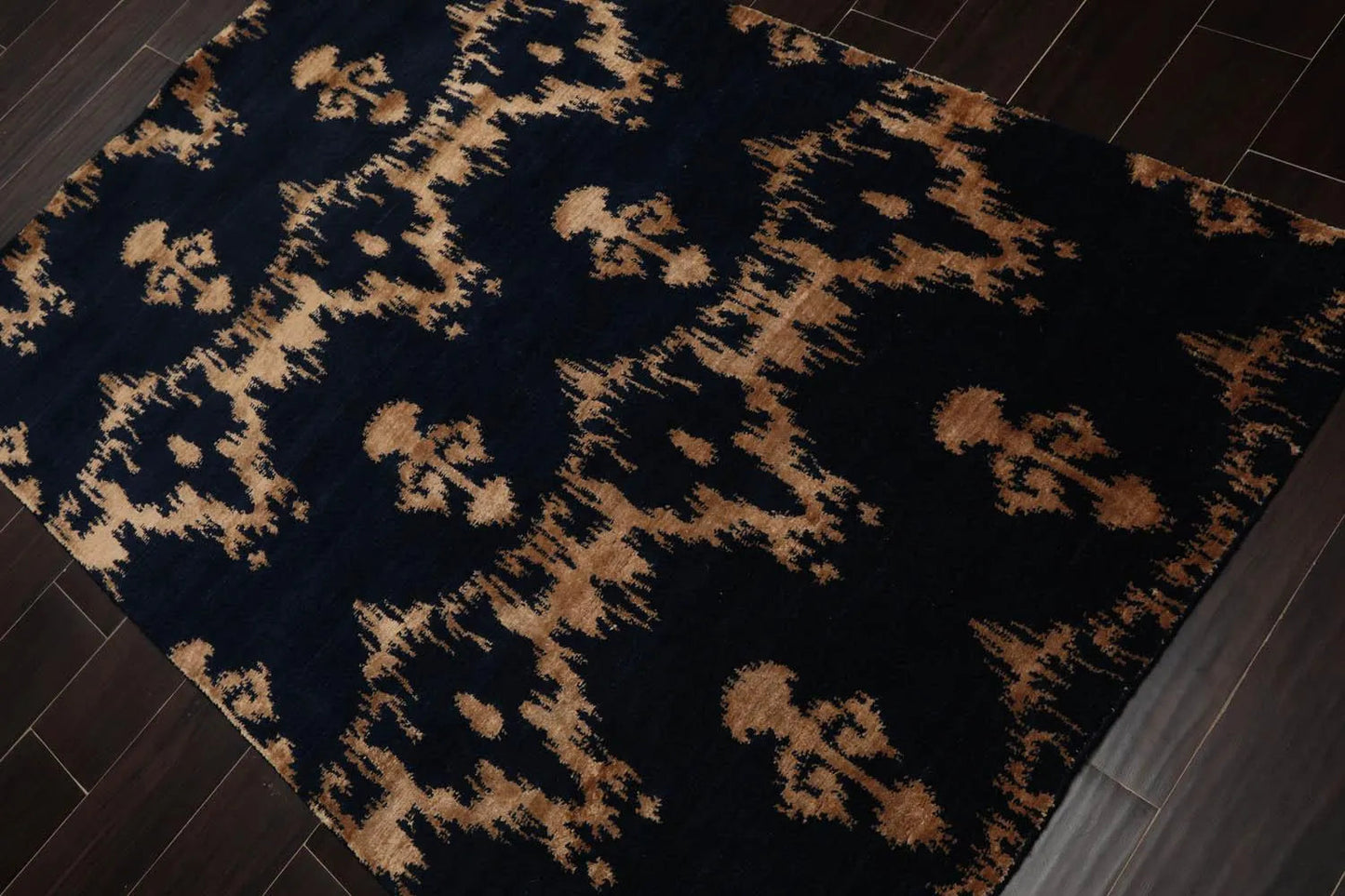 4'1''x6' Hand Knotted Tibetan Wool and Bamboo Silk Tibetan Traditional Oriental Area Rug Navy, Beige Color-2