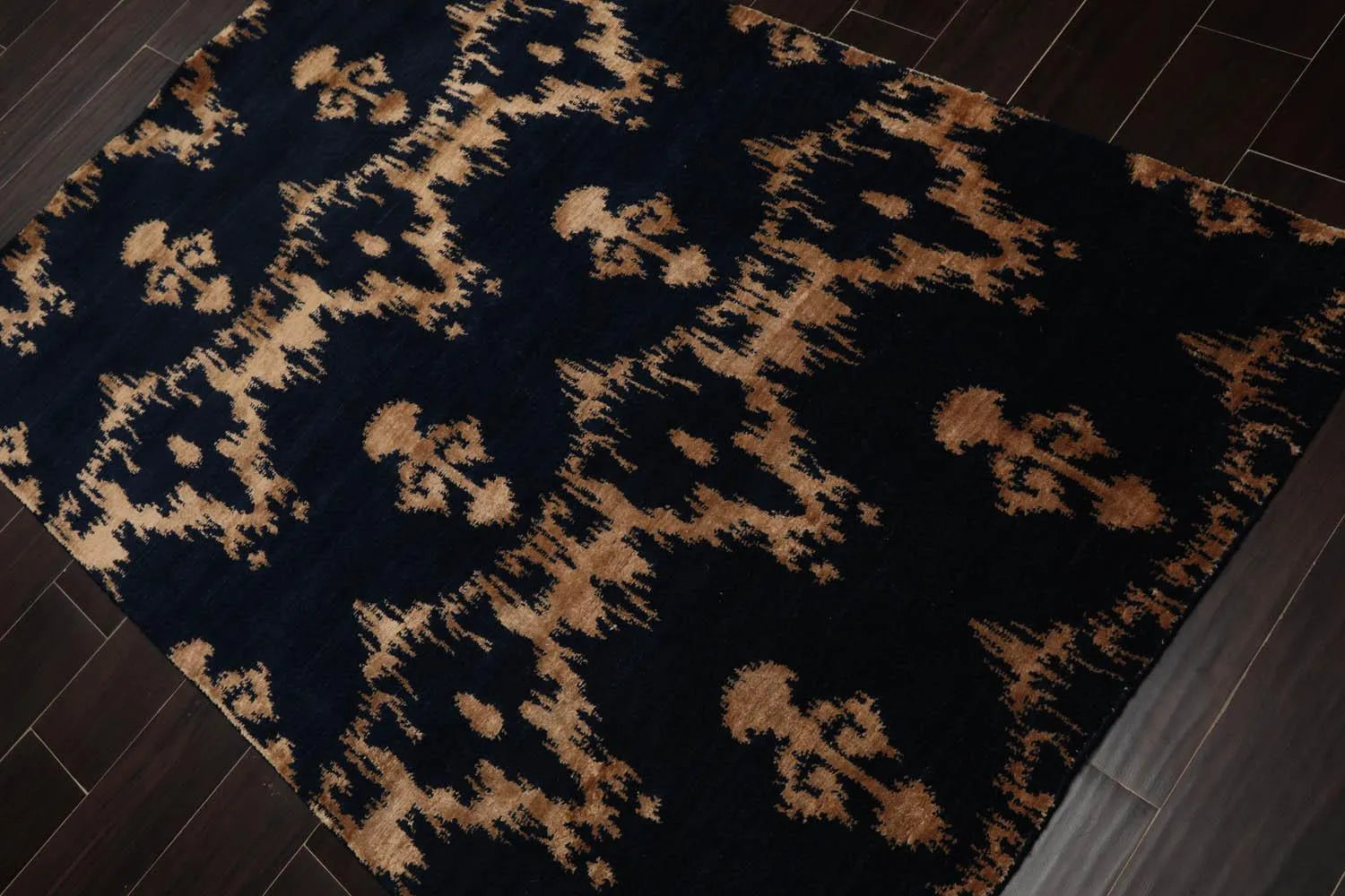 4'1''x6' Hand Knotted Tibetan Wool and Bamboo Silk Tibetan Traditional Oriental Area Rug Navy, Beige Color-2